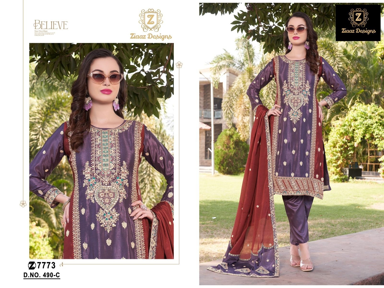 ZIAAZ DESIGNS 490 PAKISTANI CHINON  SILK SEMI STICHAD SALWAR SUIT