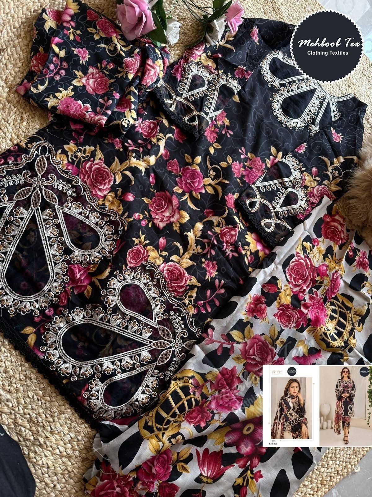 MEHBBOOB TEX 1526 A  PAKISTANI LAWAN COTTON SUIT WITH EMBROIDERY PEACH