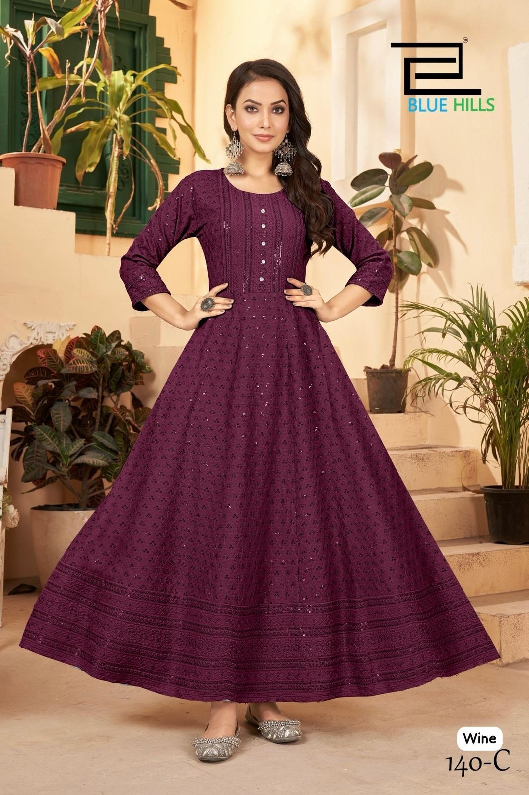 BLUE HILS LONG ANARKALI GOWN WITH CHIKANKARI WORK WITH SEQUNCE 