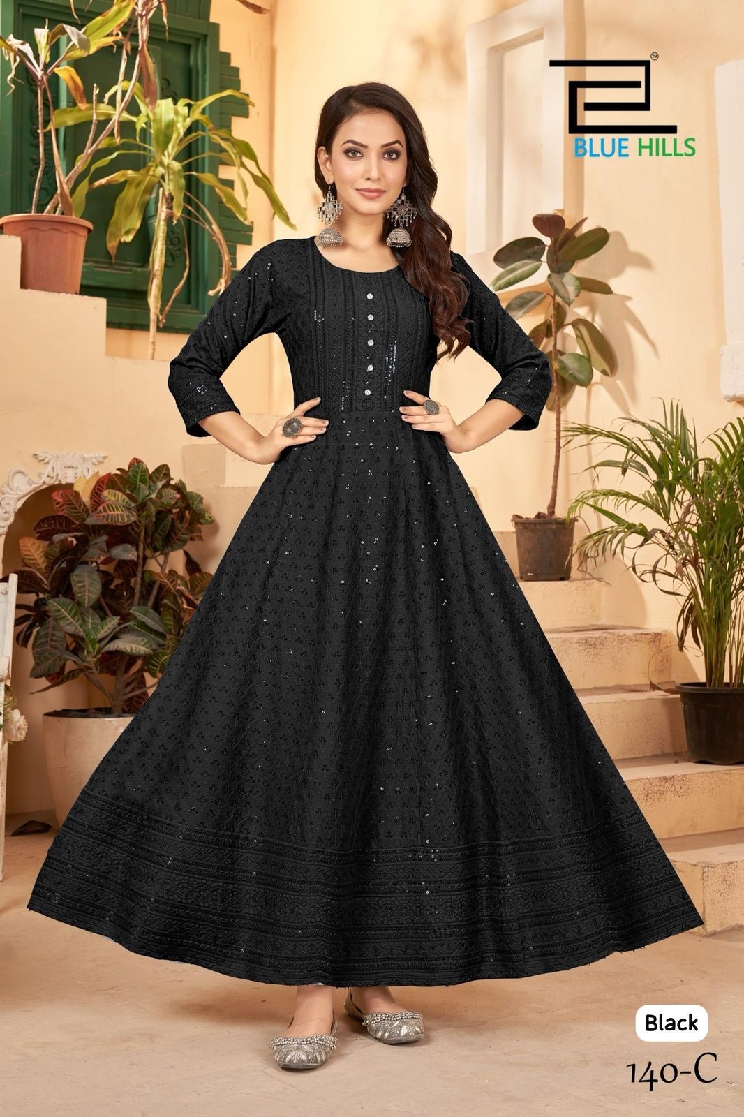 BLUE HILS LONG ANARKALI GOWN WITH CHIKANKARI WORK WITH SEQUNCE 