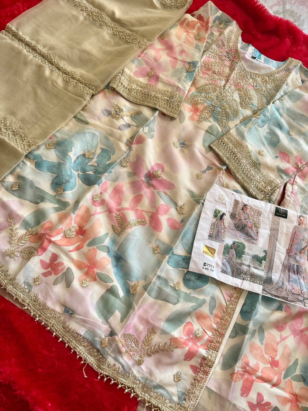 ZIAAZ DESIGNS 707 PAKISTANIHEAVY ORAGENZA FABRIC WITH DIGITAL PRINT WITH EMBROIDERY WORK 