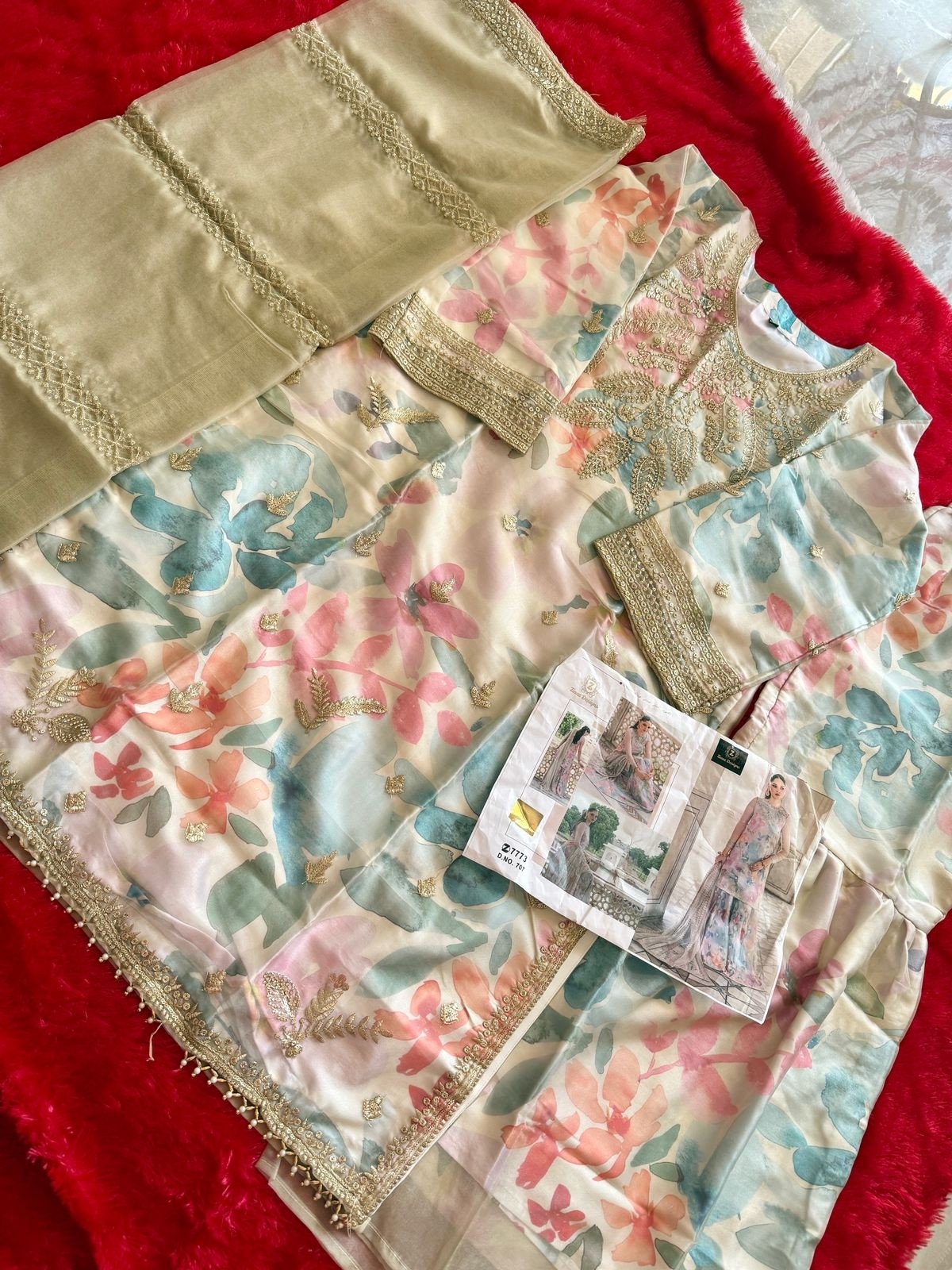 ZIAAZ DESIGNS 707 PAKISTANIHEAVY ORAGENZA FABRIC WITH DIGITAL PRINT WITH EMBROIDERY WORK 