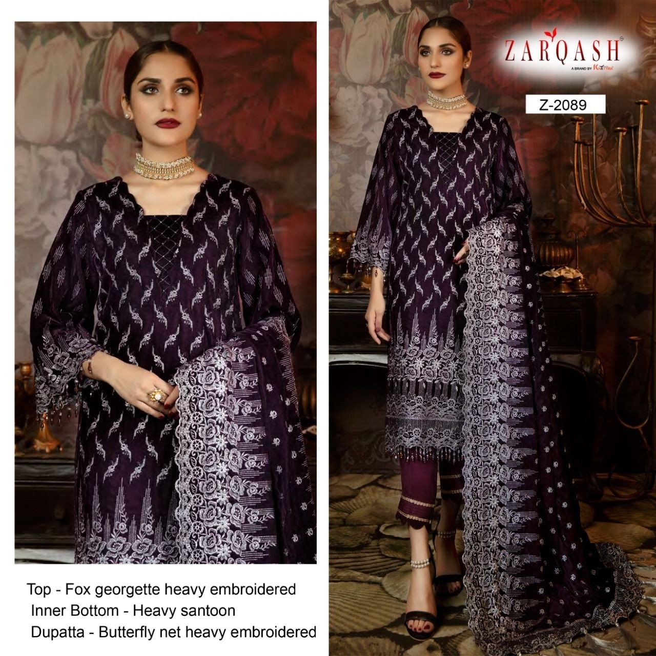 ZARQASH 2086 FOX GEORGETTE HEAVY EMBROIDERED UNSTITCH SUIT