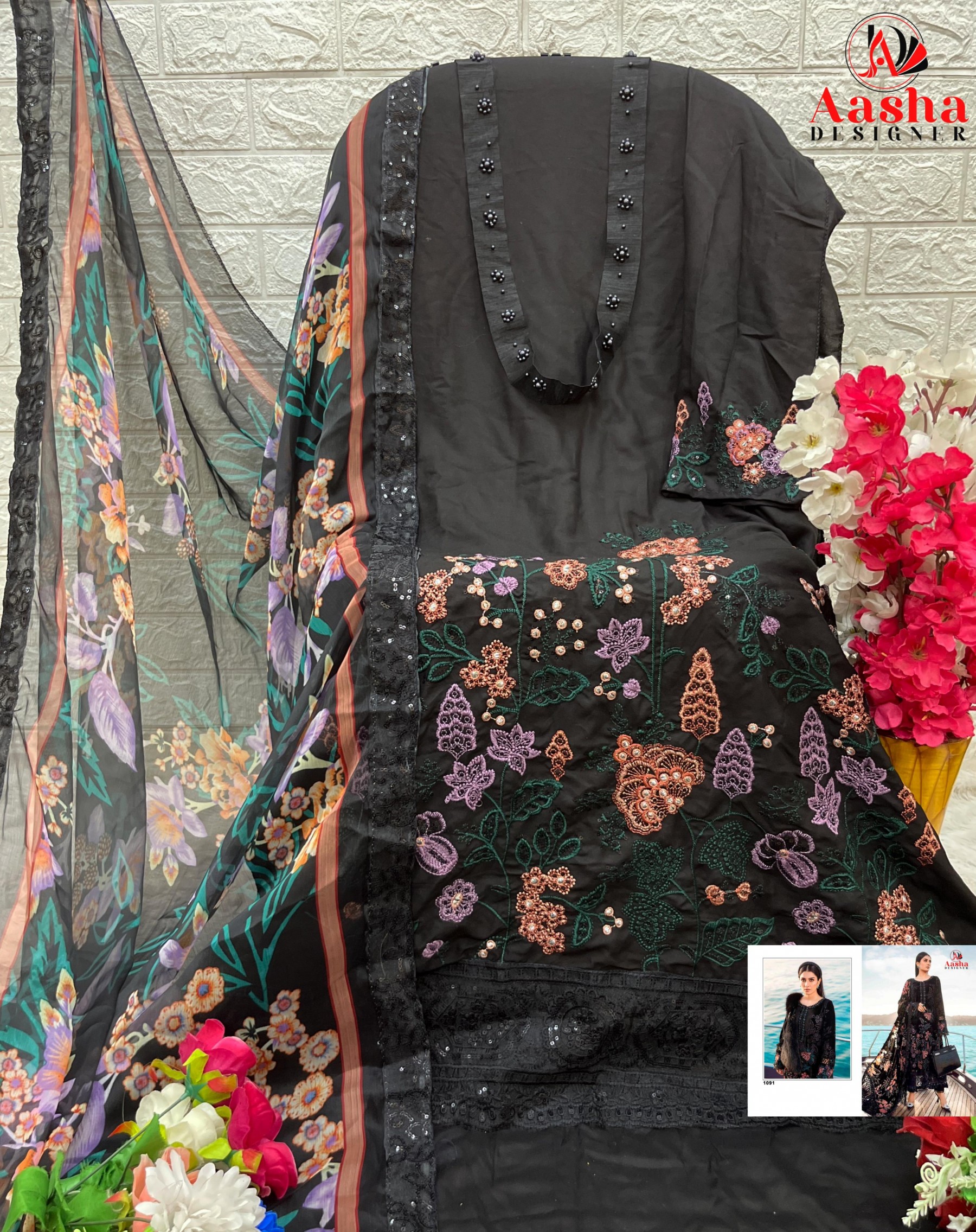 AASHA DESIGNER 1091 PAKISTANI BLACK SALWAR SUIT WITH EMBROIDERY WORK