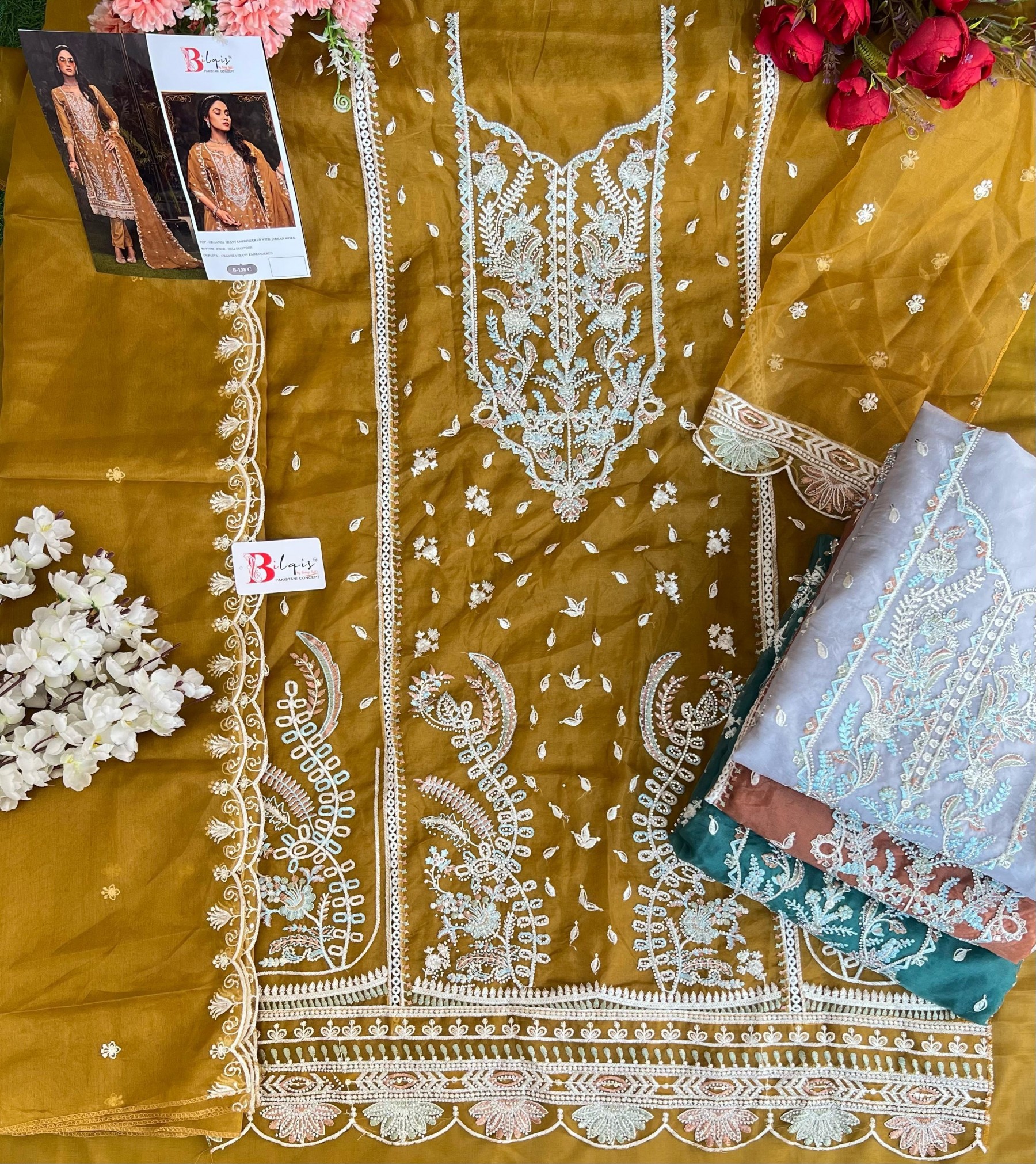  BILQIS B 138 PAKISTANI ORGANZA HEAVY EMBROIDERED WITH ZARKAN SUIT