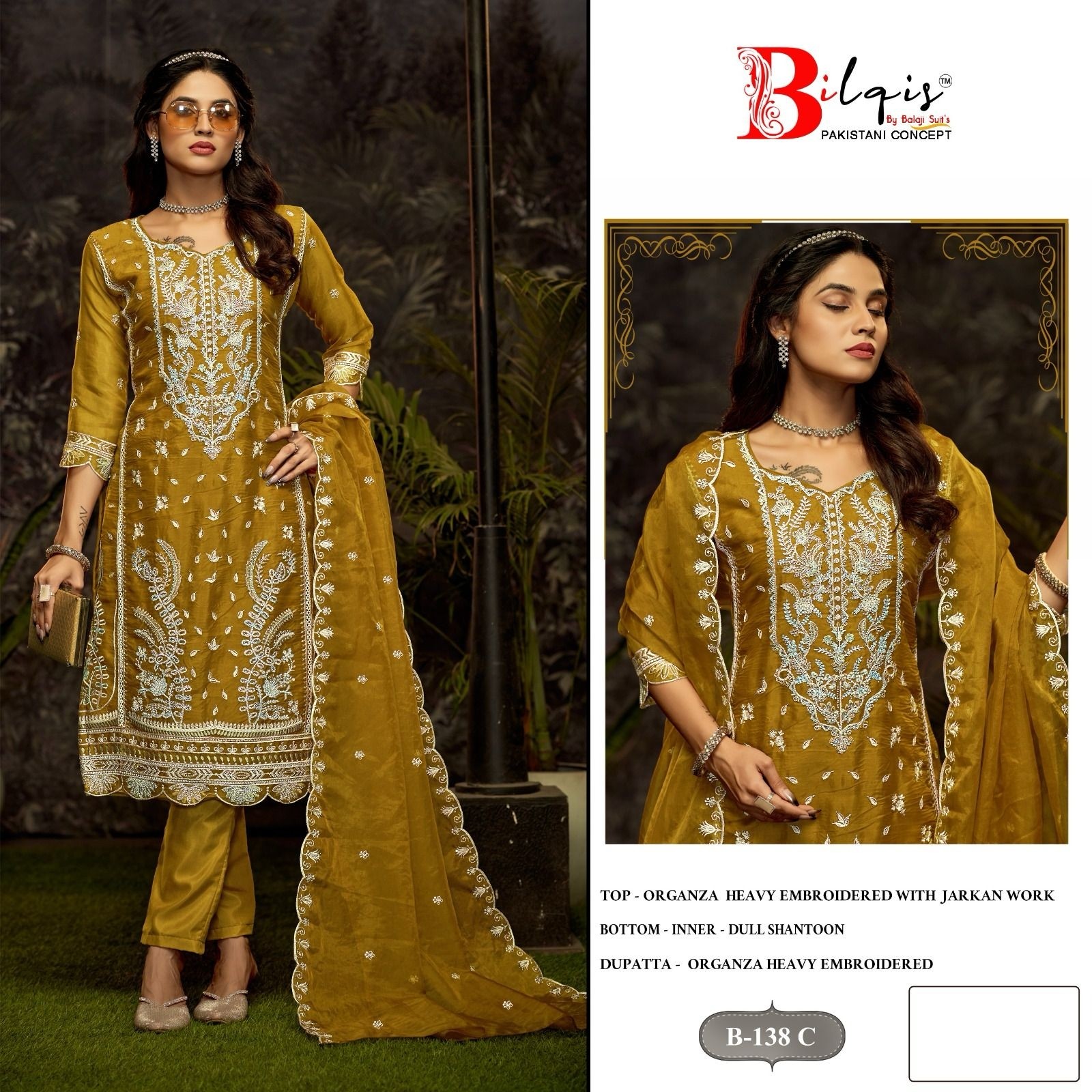  BILQIS B 138 PAKISTANI ORGANZA HEAVY EMBROIDERED WITH ZARKAN SUIT