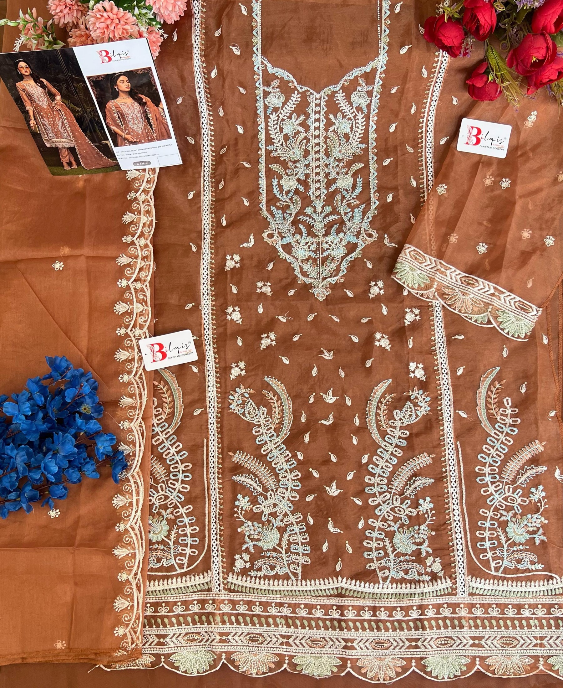 BILQIS B 138 PAKISTANI ORGANZA HEAVY EMBROIDERED WITH ZARKAN SUIT
