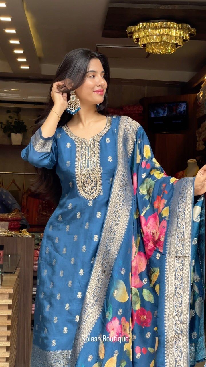 NEW BANARASI COTTON SILK BLUE BATIK KURATI AND PENT WITH DUPATTA SET