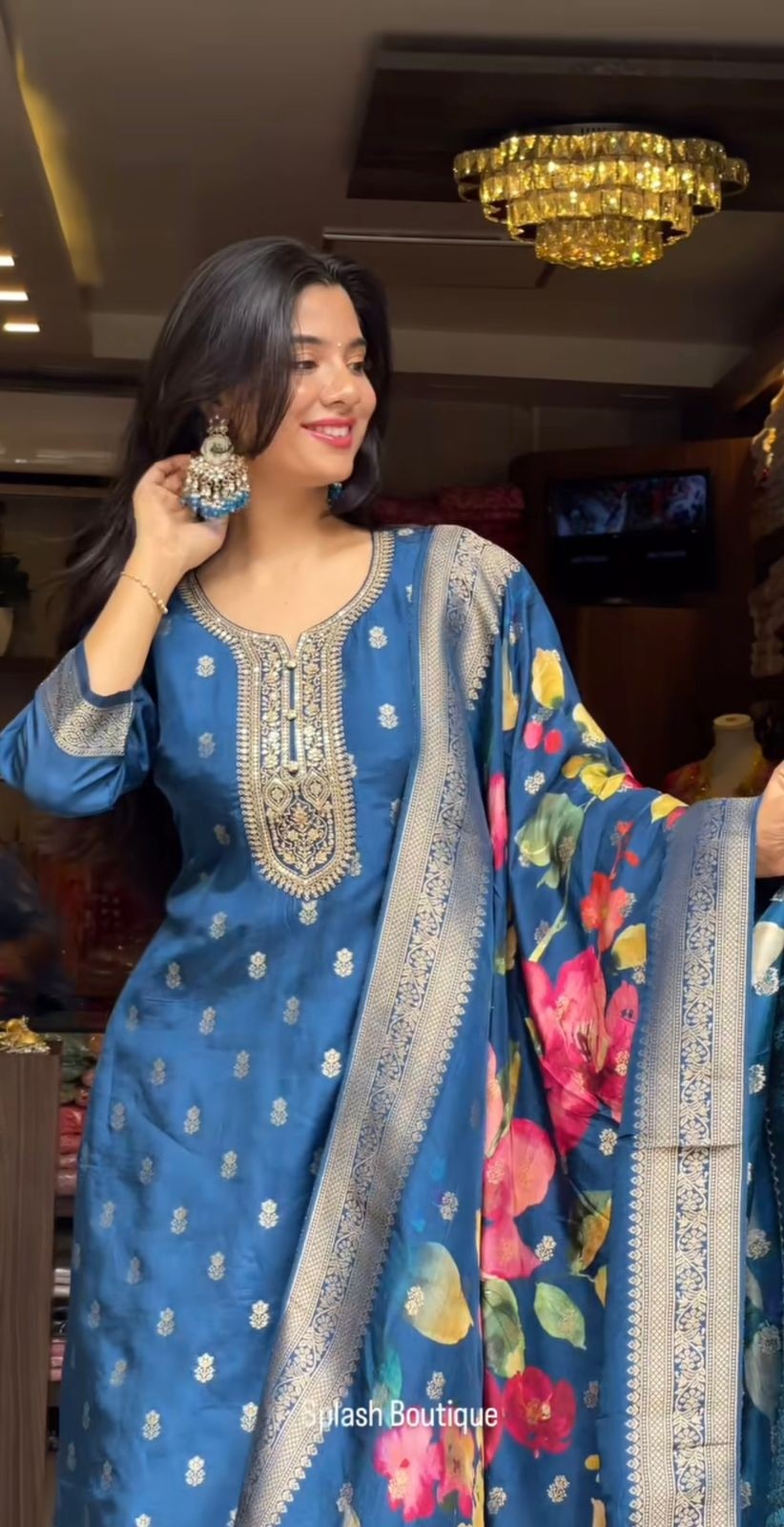 NEW BANARASI COTTON SILK BLUE BATIK KURATI AND PENT WITH DUPATTA SET