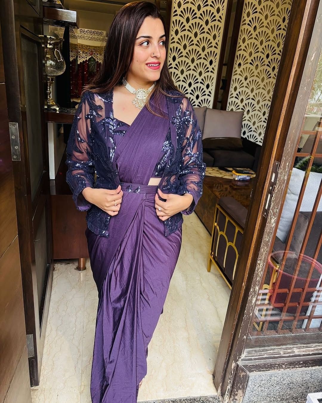 HB-174 New Super Trending Embroidery Sequence work ready to wear saree with full koti
