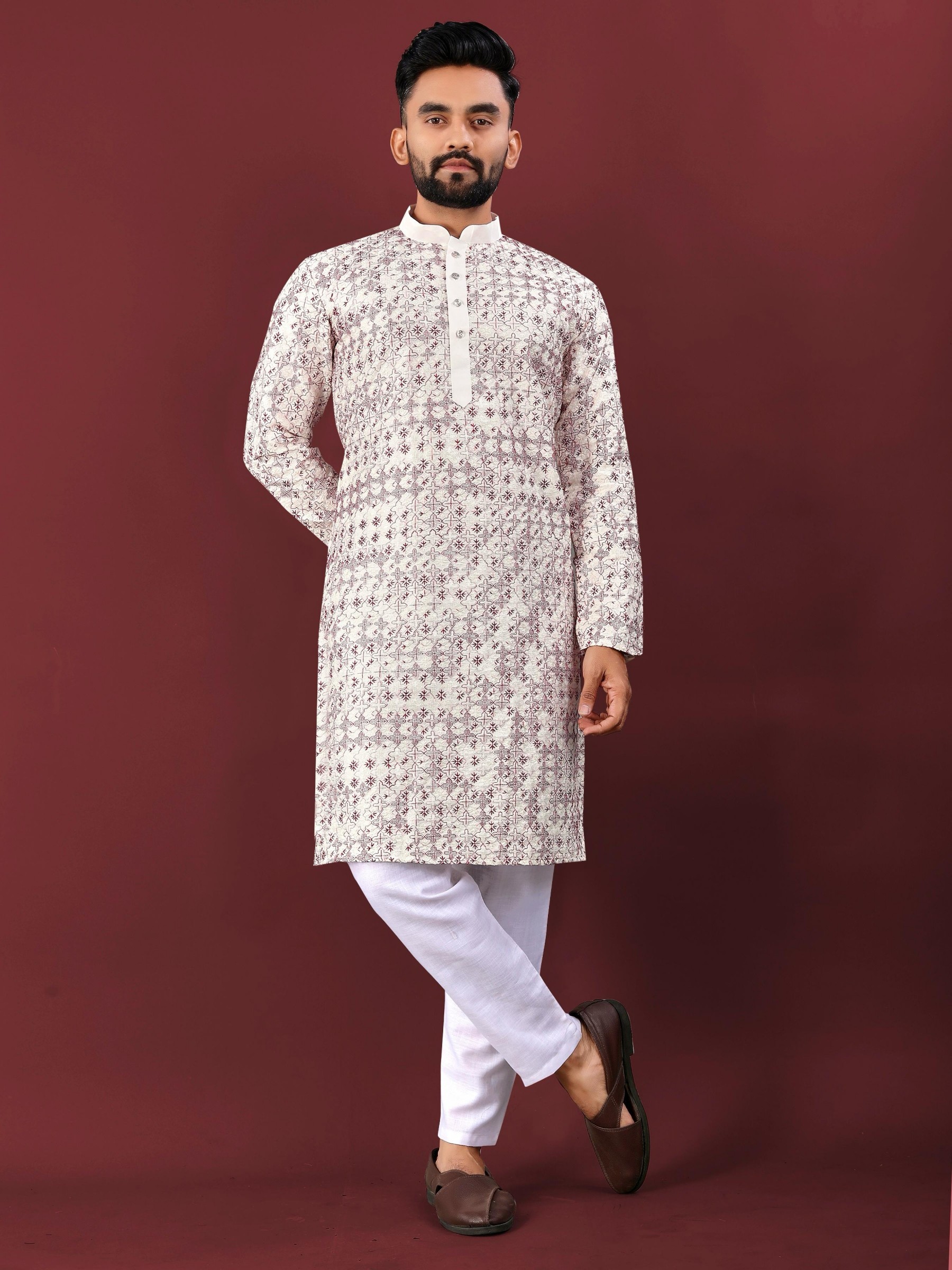 MEN'S TRADITIONAL LUCKNOWI CONCEPT EMBROIDERY WORK KURTA WITH PAYJAMA SET