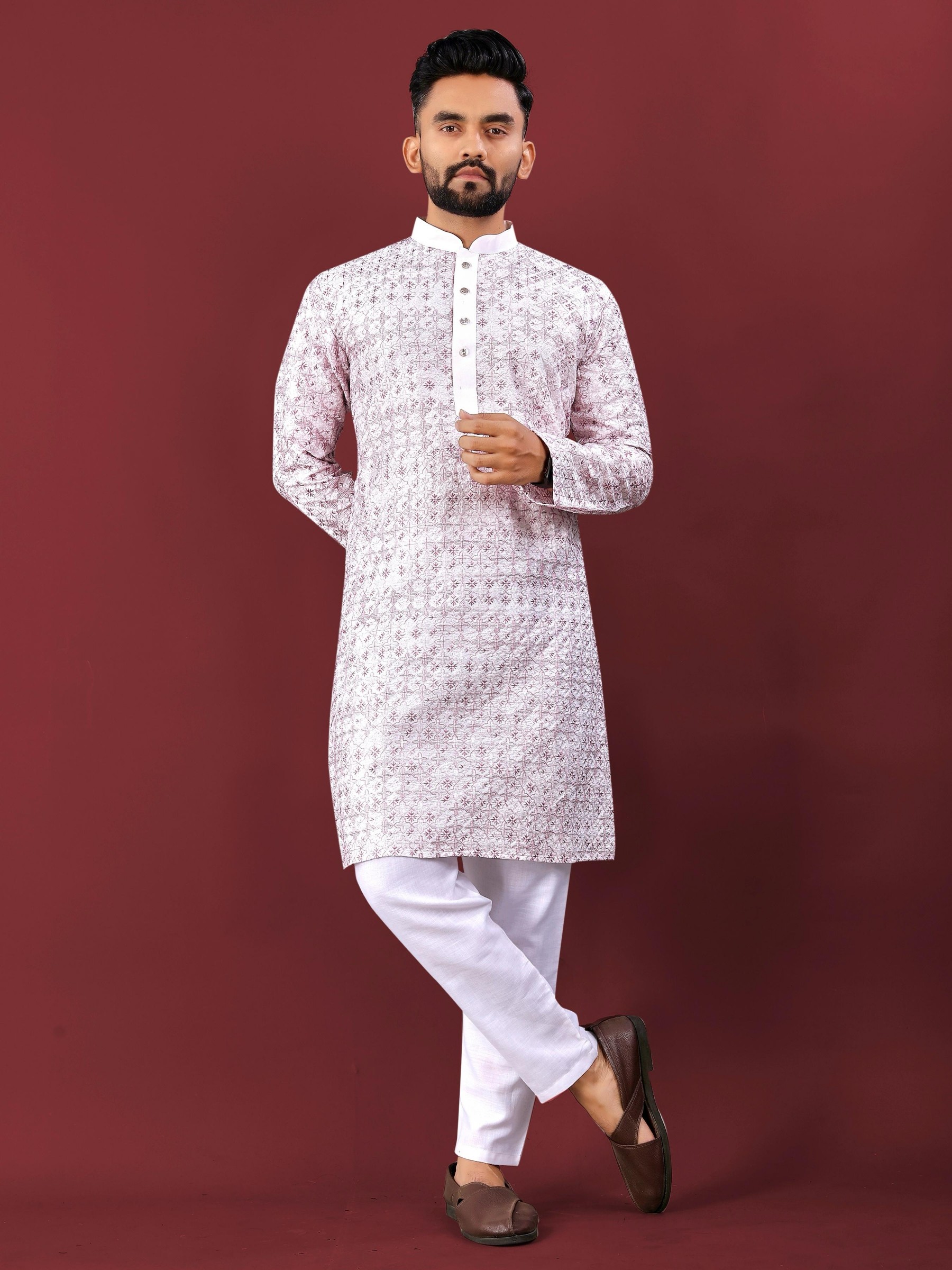 MEN'S TRADITIONAL LUCKNOWI CONCEPT EMBROIDERY WORK KURTA WITH PAYJAMA SET