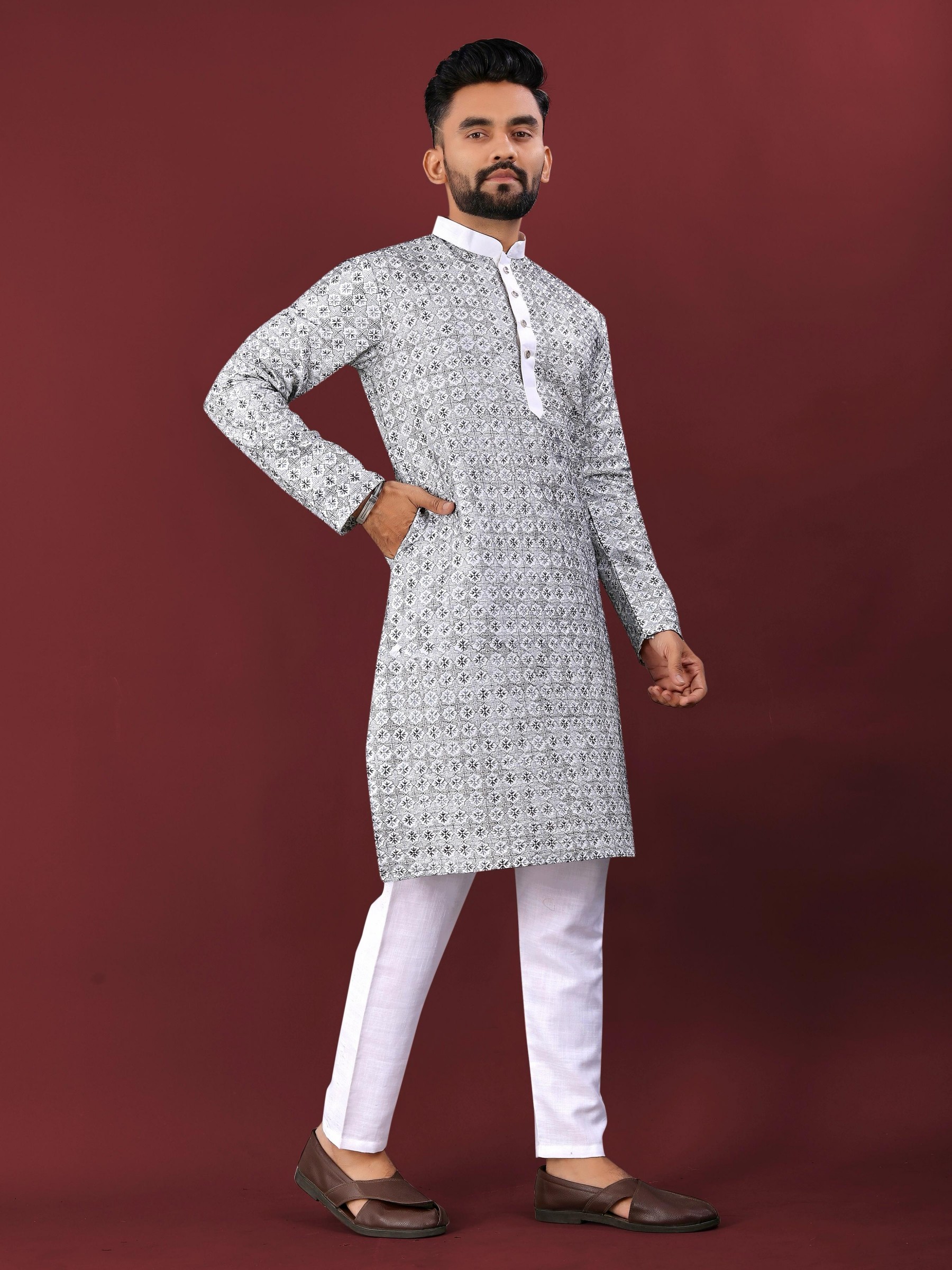 MEN'S TRADITIONAL LUCKNOWI CONCEPT EMBROIDERY WORK KURTA WITH PAYJAMA SET