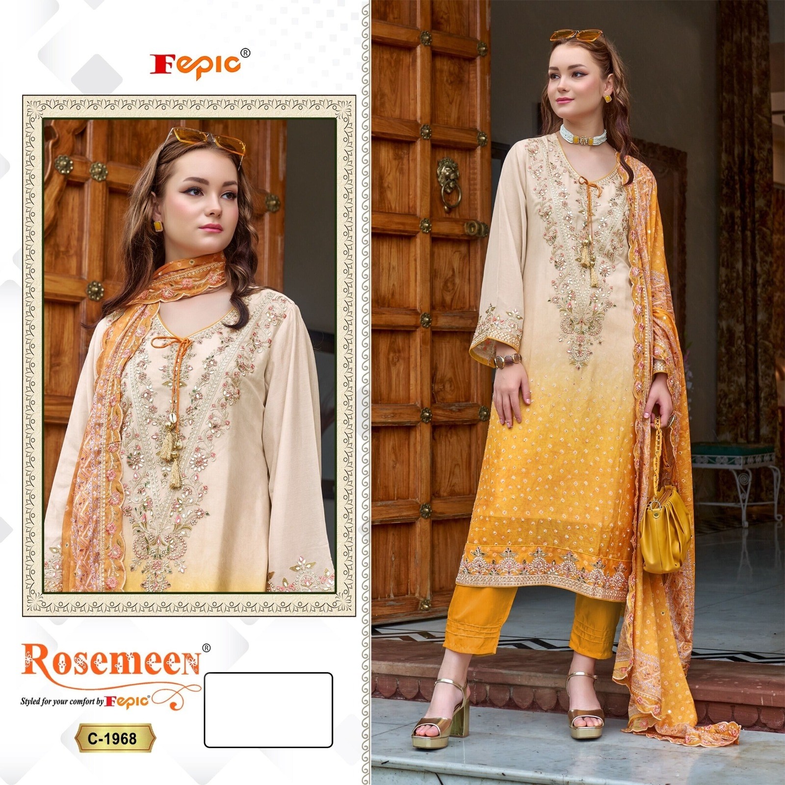  FEPIC ROSEMEEN 1968 PAKISTANI CHINON HEAVY PRINTED EMBROIDERED WITH HANDWORK