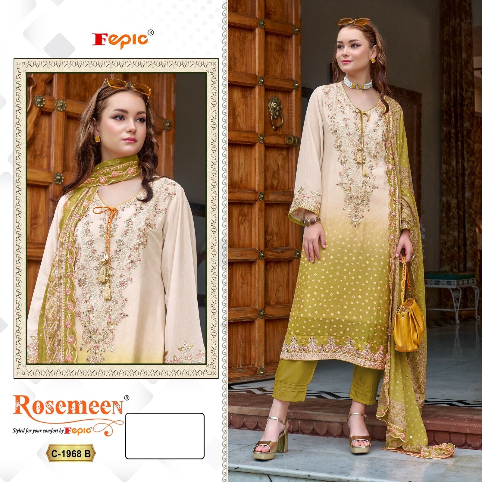 FEPIC ROSEMEEN 1968 PAKISTANI CHINON HEAVY PRINTED EMBROIDERED WITH HANDWORK