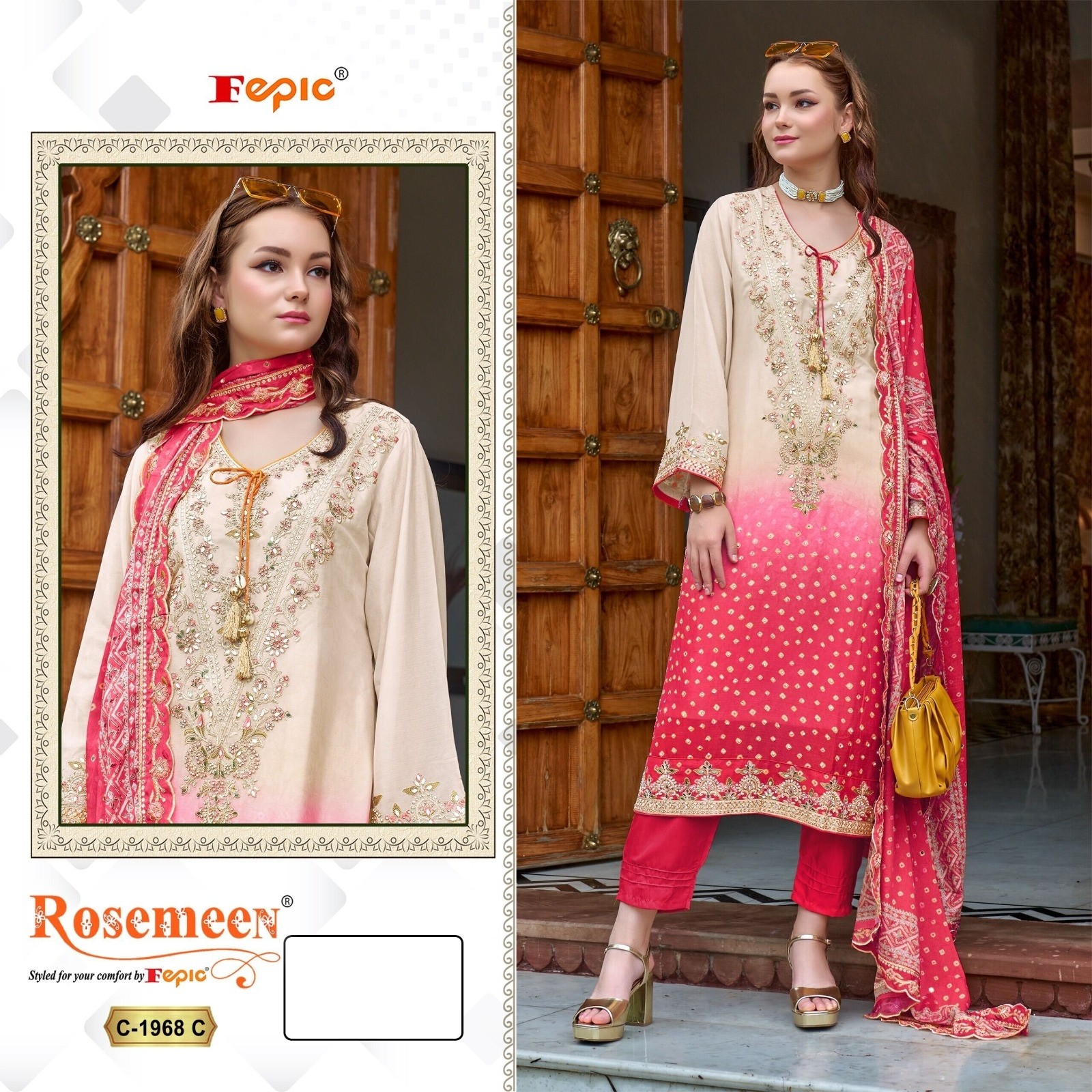  FEPIC ROSEMEEN 1968 PAKISTANI CHINON HEAVY PRINTED EMBROIDERED WITH HANDWORK