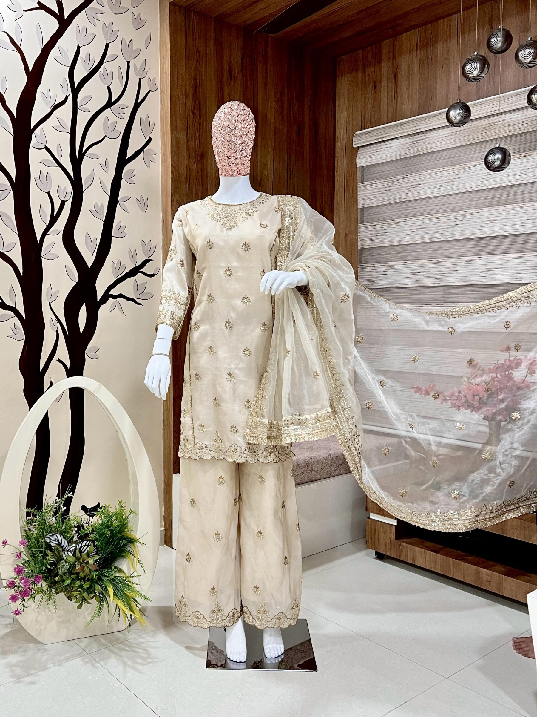  BEAUTY OF YOUR WARDROBE WITH THIS NEWLY LAUNCHED KURTI PLAZZO SET WITH BEAUTIFUL ORGANZA SILK DUPATTA