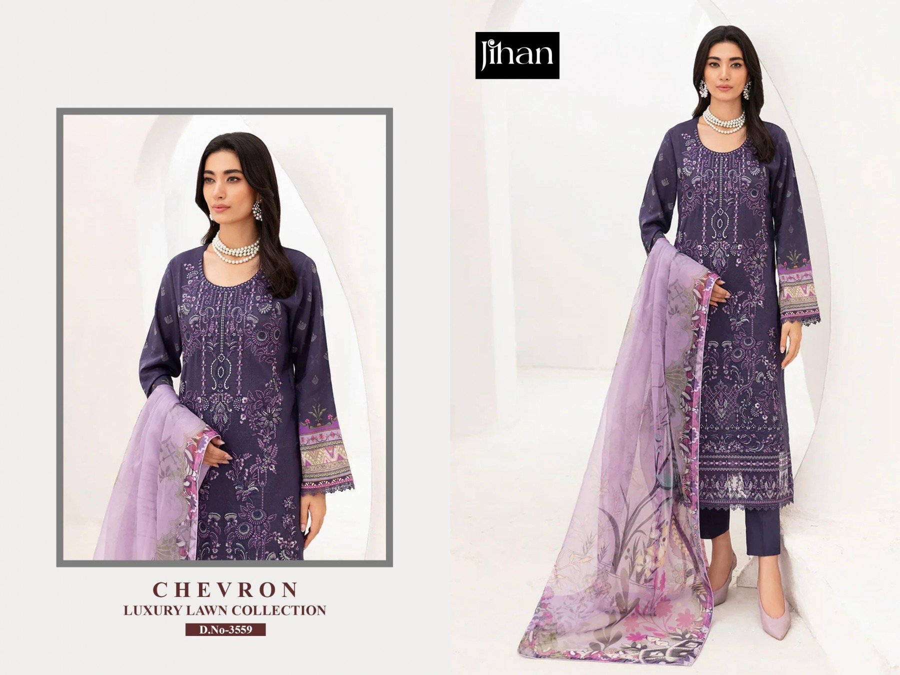 JIHAN 3559 PURE LAWN WITH HEAVY SELF EMBRODERY & PATCH