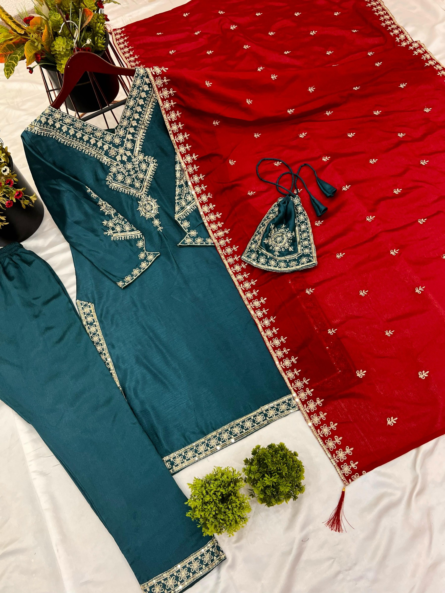 Srk 5249 New Festival Collection In Chinnon And Heavy Embroidery Sequence Work Top-Bottom And Dupatta Set Fully Stitched Ready To Wear