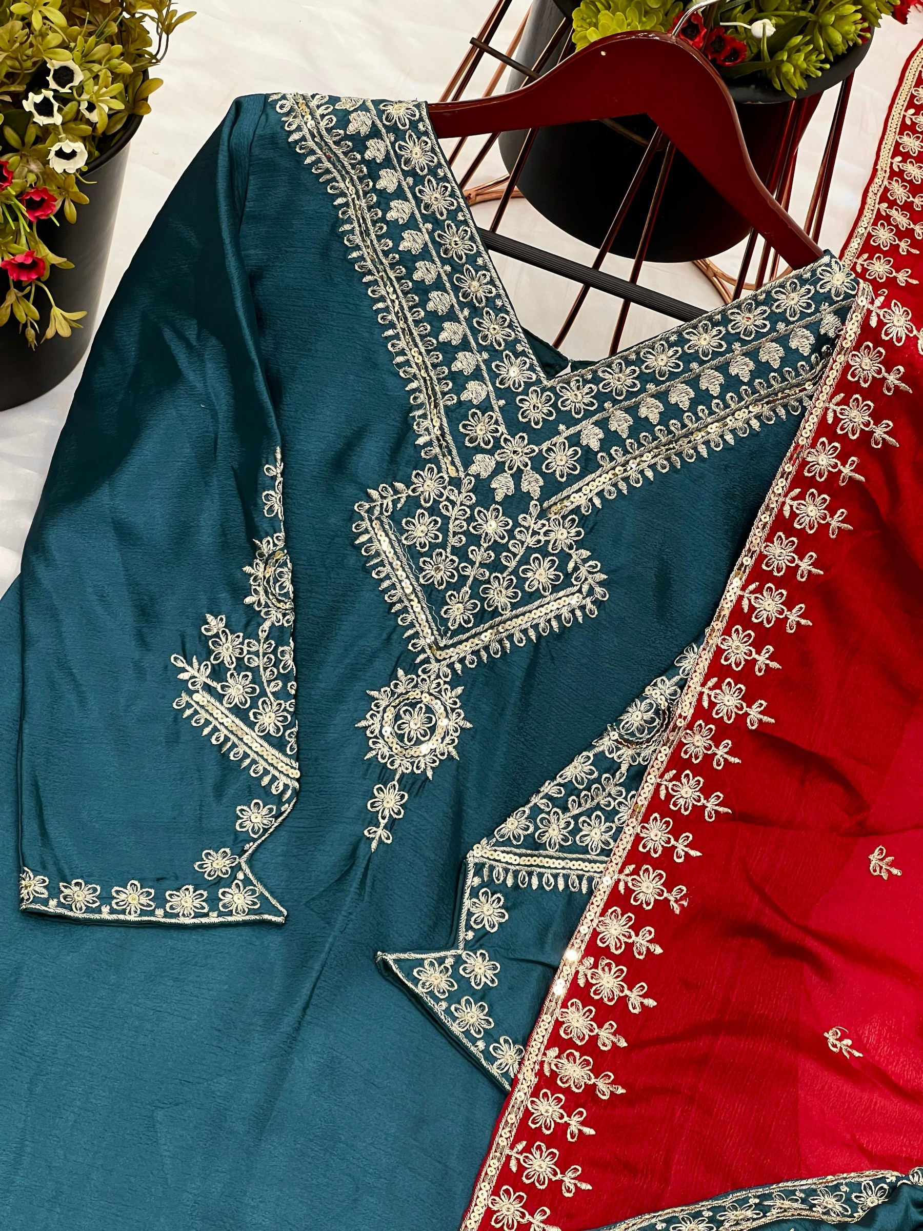 Srk 5249 New Festival Collection In Chinnon And Heavy Embroidery Sequence Work Top-Bottom And Dupatta Set Fully Stitched Ready To Wear