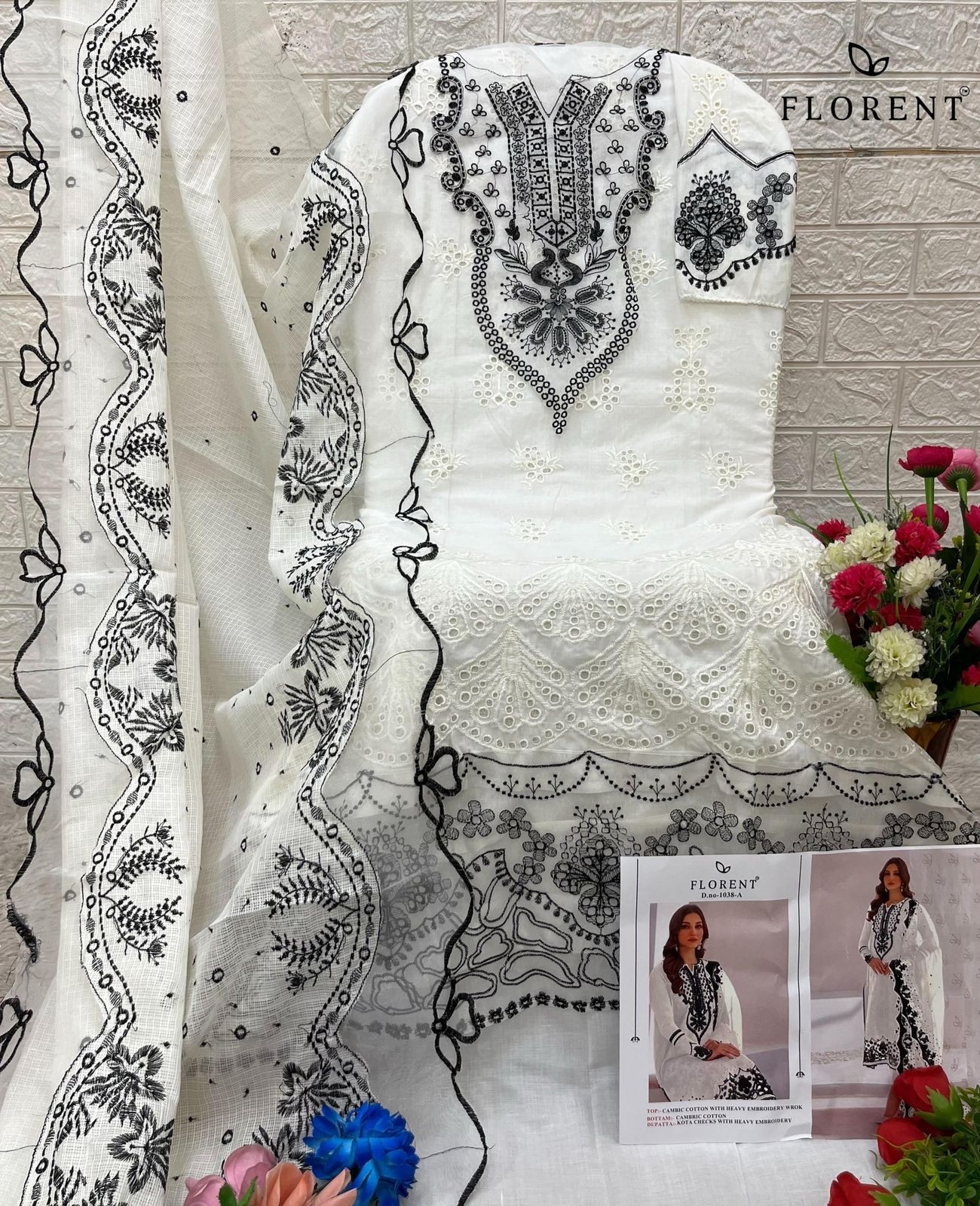 FLORENT 1038 COLOUR PAKISTANI CAMBRIC COTTON EMBROIDERY WORK 