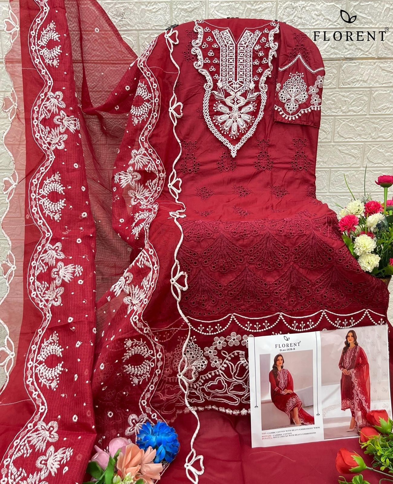 FLORENT 1038 COLOUR PAKISTANI CAMBRIC COTTON EMBROIDERY WORK 
