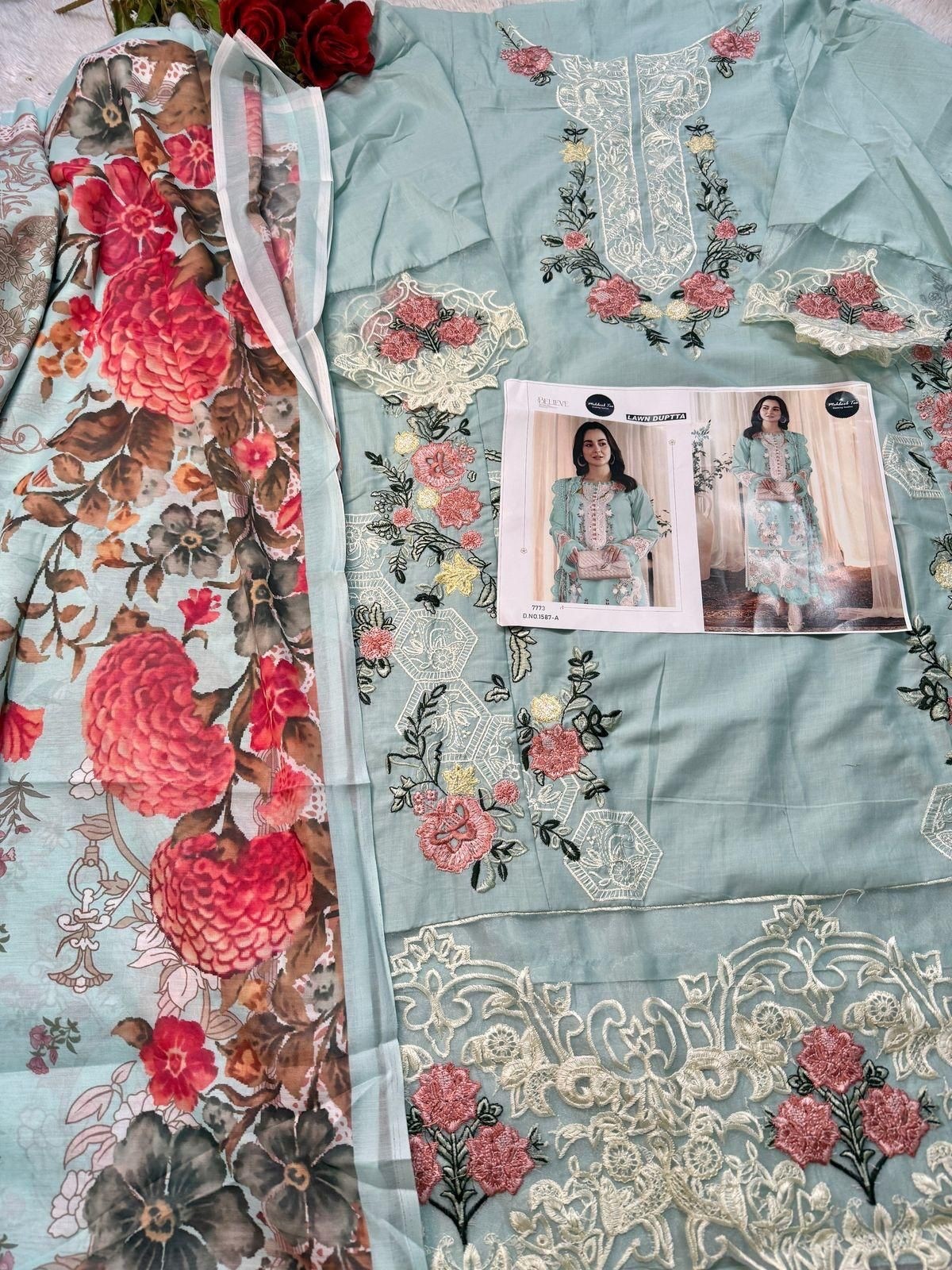 MEHMOOD TEX 1587 PRESENTING PAKISTANI LAWN COTTON WITH EMBROIDERY WORK SET