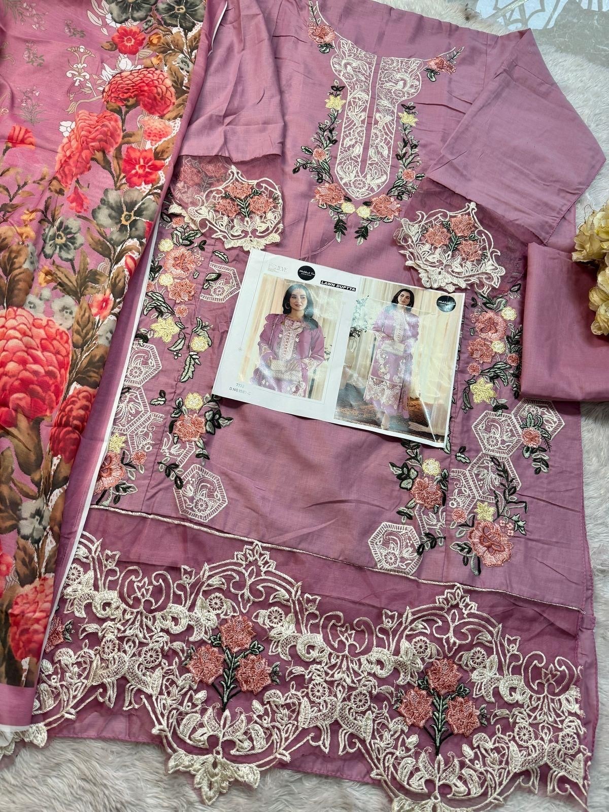 MEHMOOD TEX 1587 PRESENTING PAKISTANI LAWN COTTON WITH EMBROIDERY WORK SET