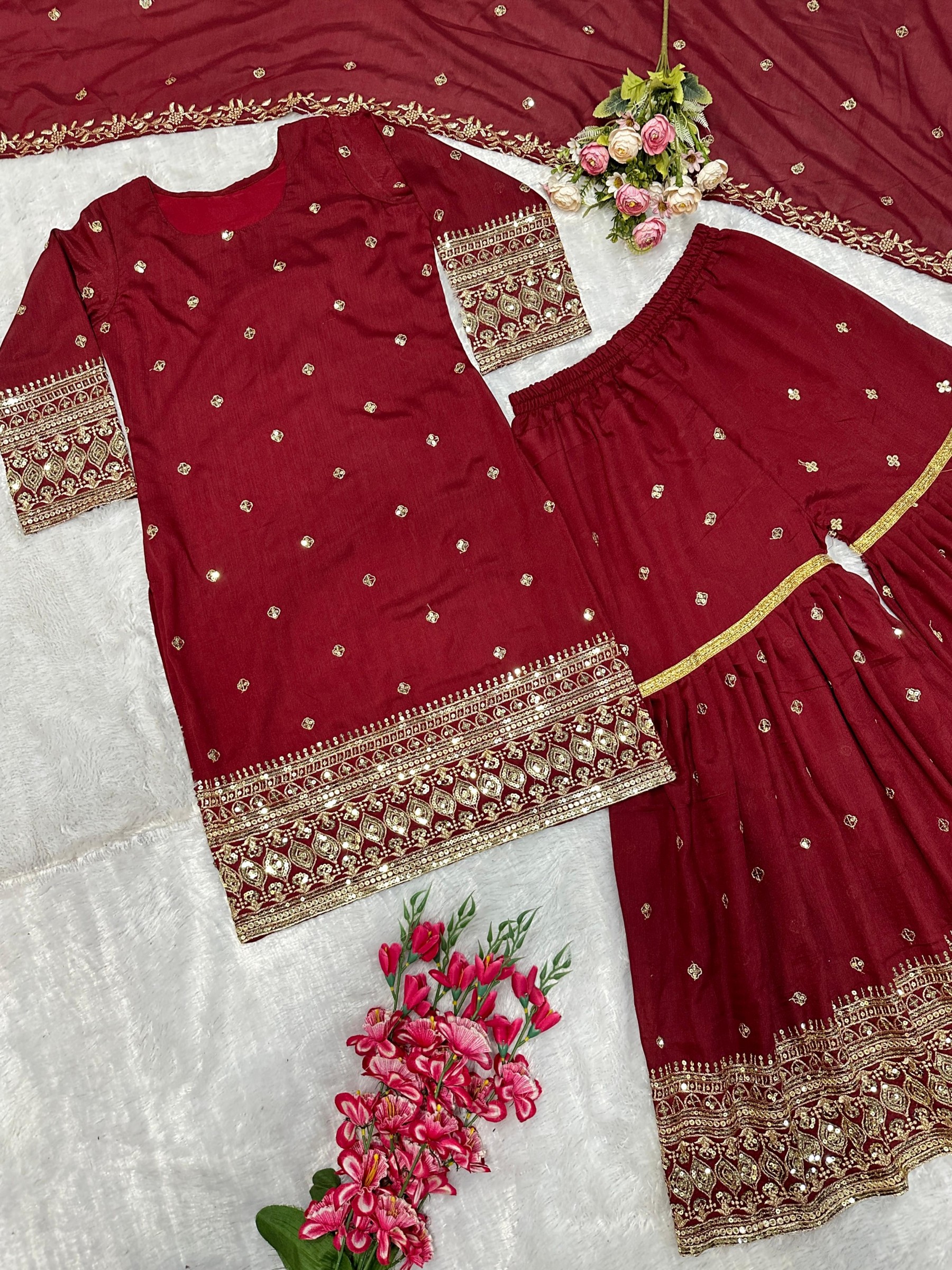 VLM 217 NEW ĐĚSIGNER PARTY WEAR TOP AND PLAZZO. WITH FANCY DUPPATA AND EMBROIDERY WORK