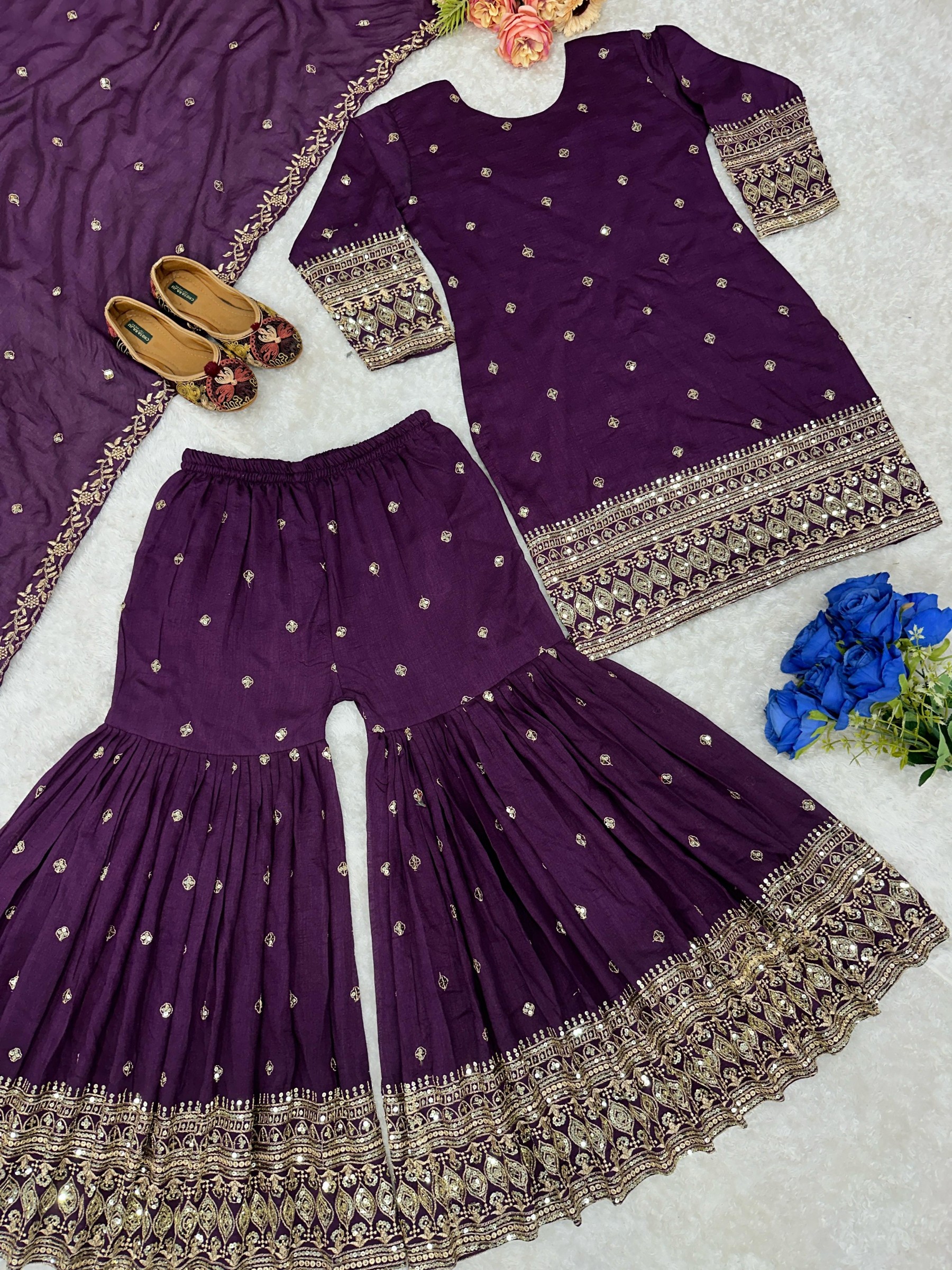VLM 217 NEW ĐĚSIGNER PARTY WEAR TOP AND PLAZZO. WITH FANCY DUPPATA AND EMBROIDERY WORK