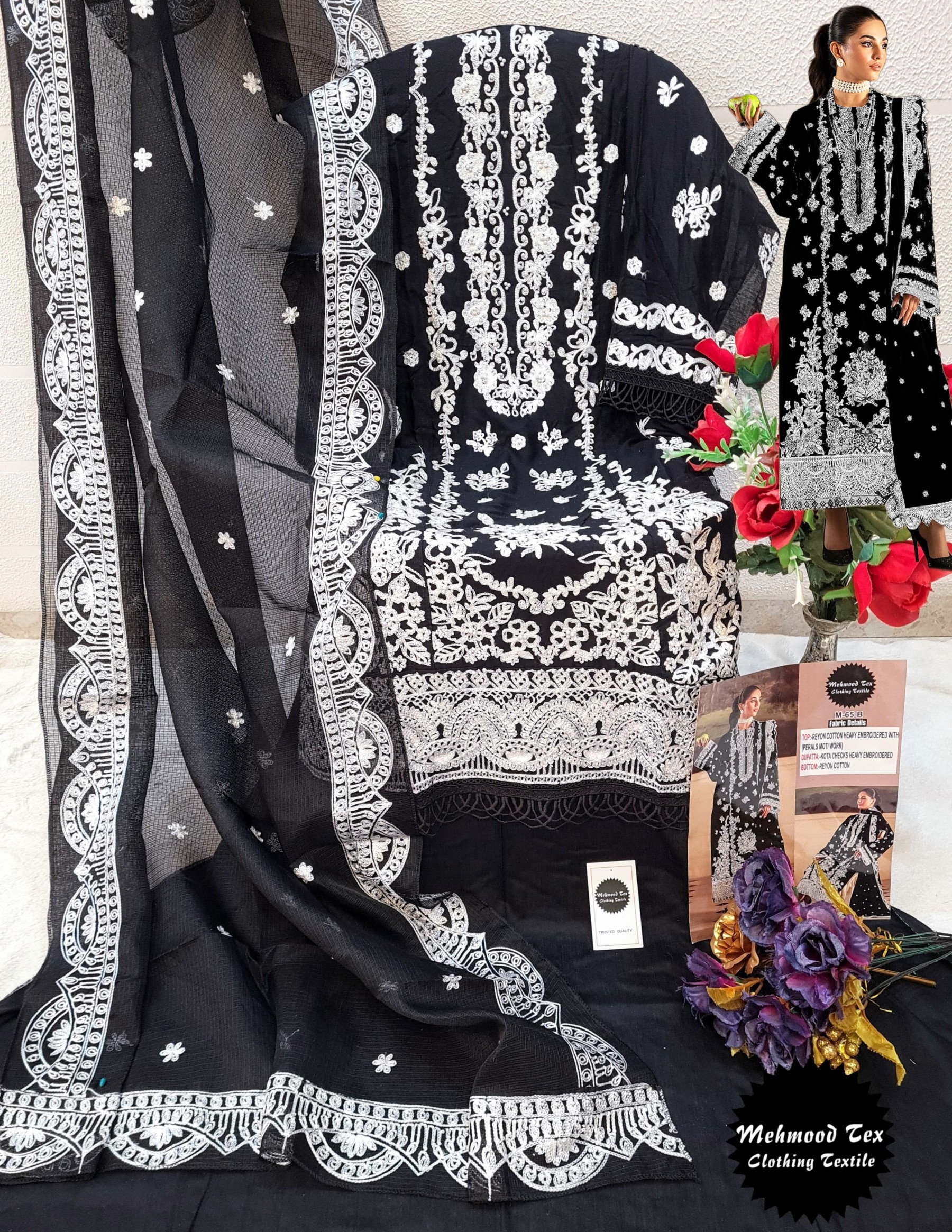 MEHMOOD TEX 65 PAKISTANI TRADITION EMBROIDERY WORK SALWAR SUIT SET 