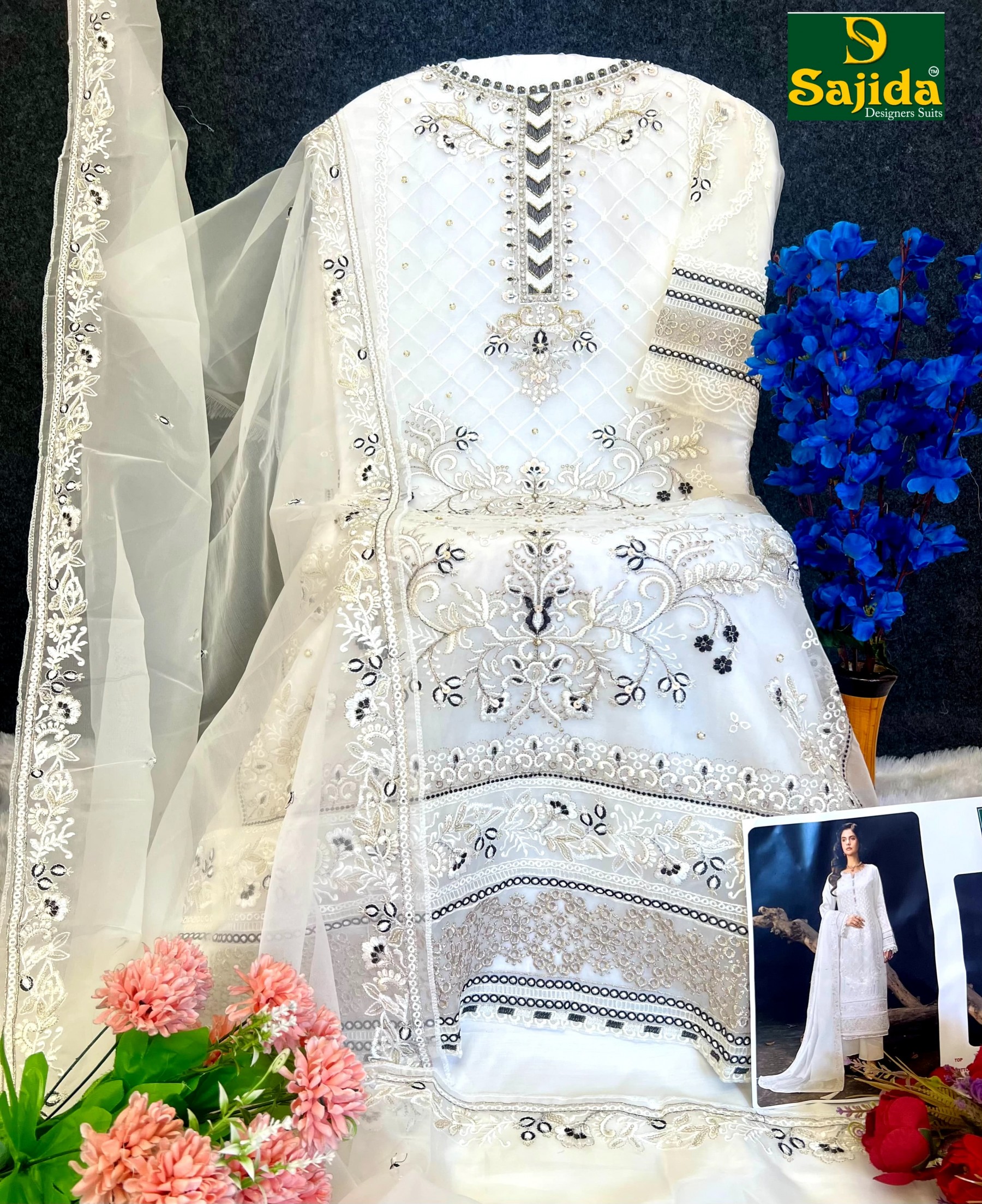 SAJIDA DESIGNER SUIT 1014 A TO D PAKISTANIORANGZA WITH HEAVY EMBROIDERY WITH KHATLI WORK 