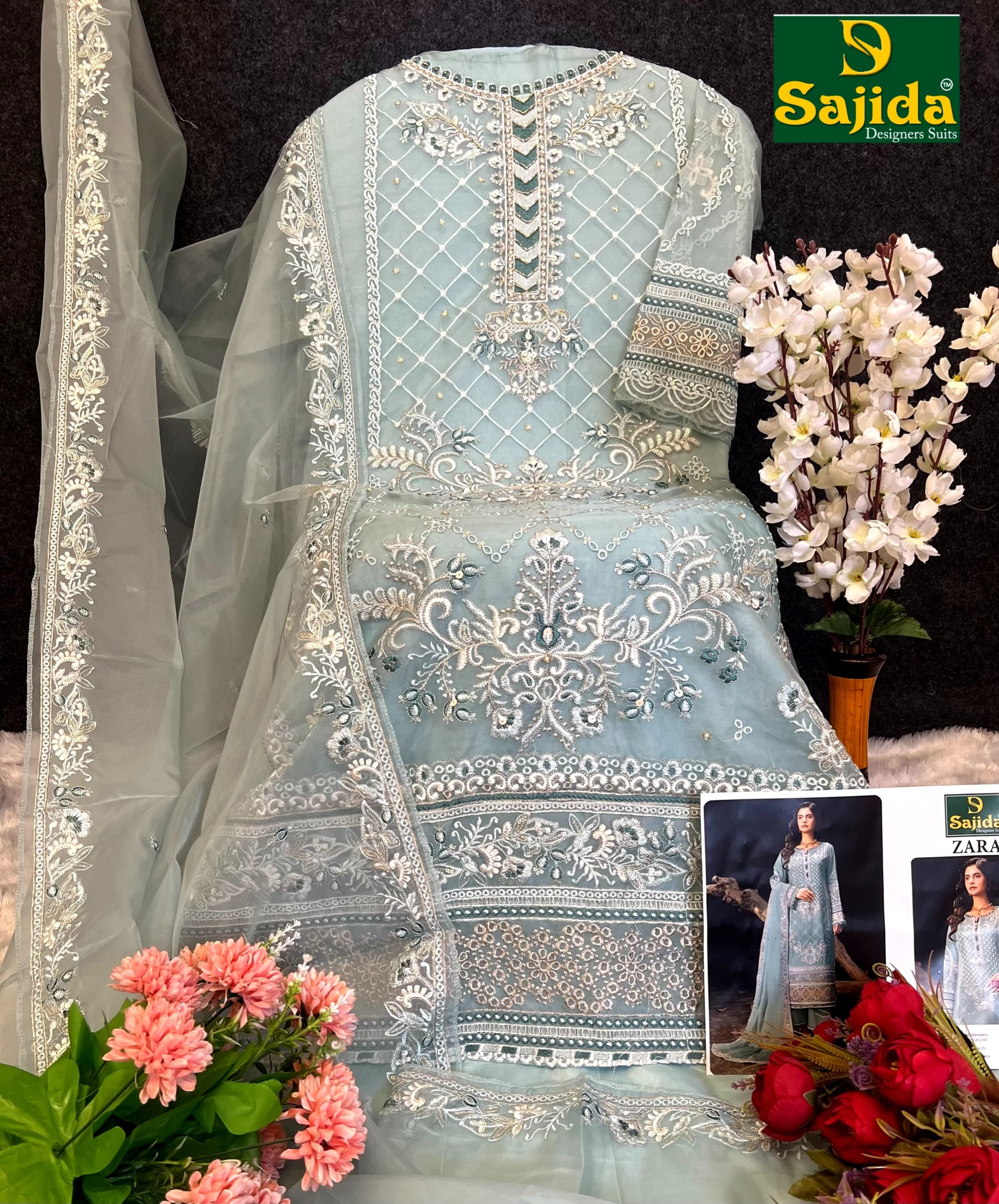 SAJIDA DESIGNER SUIT 1014 A TO D PAKISTANIORANGZA WITH HEAVY EMBROIDERY WITH KHATLI WORK 