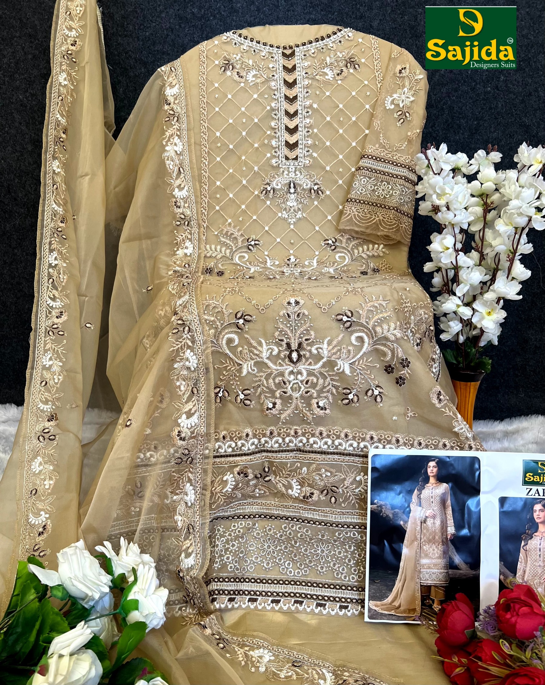 SAJIDA DESIGNER SUIT 1014 A TO D PAKISTANIORANGZA WITH HEAVY EMBROIDERY WITH KHATLI WORK 