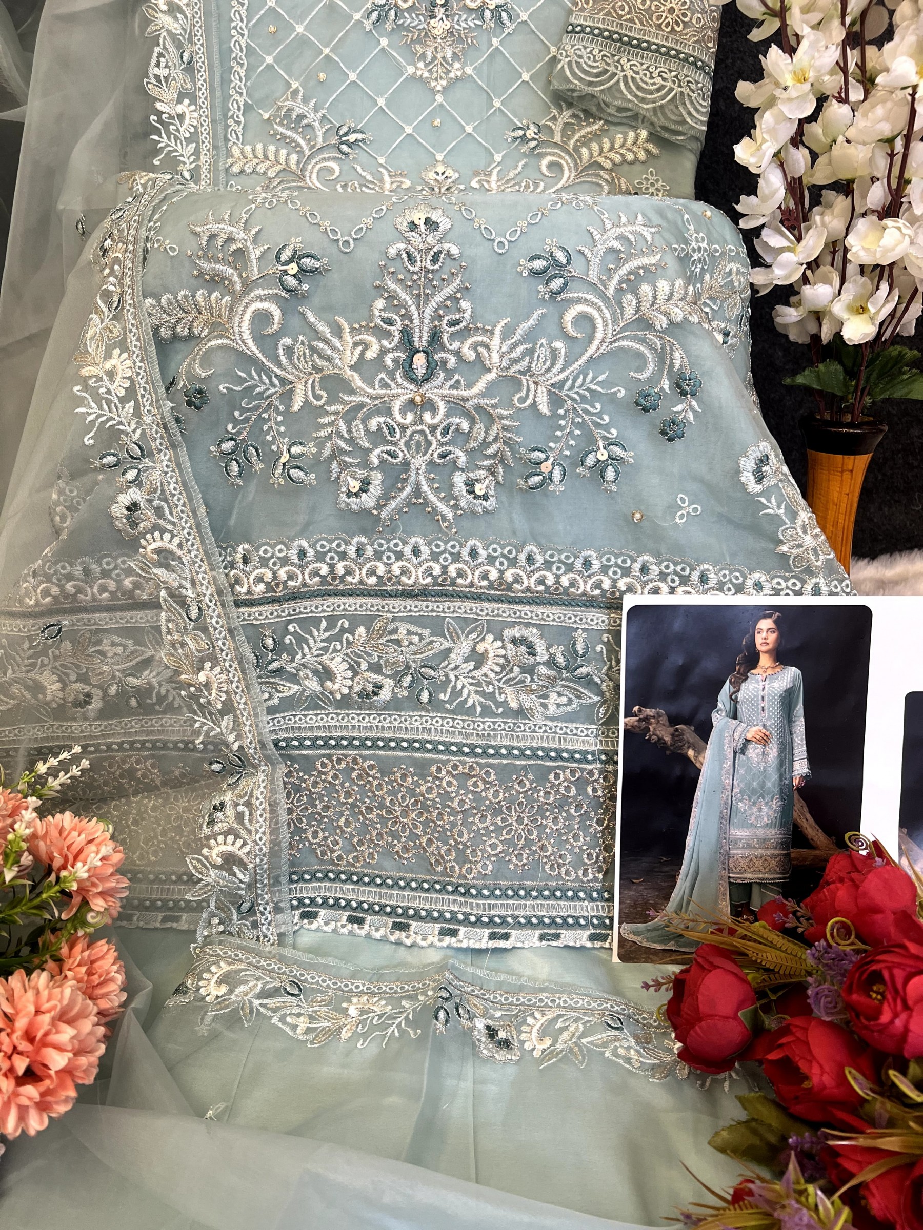 SAJIDA DESIGNER SUIT 1014 A TO D PAKISTANIORANGZA WITH HEAVY EMBROIDERY WITH KHATLI WORK 