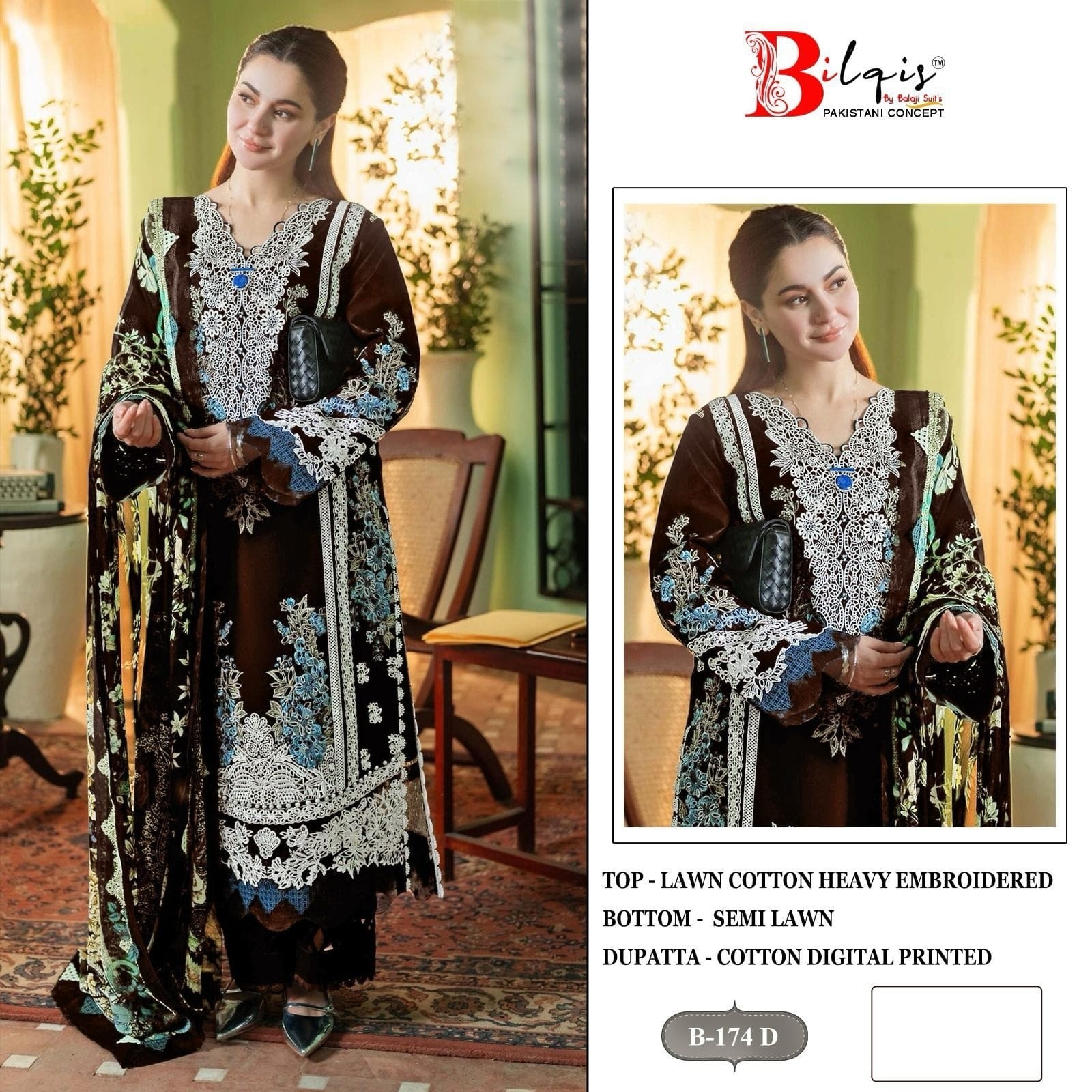  BILQIS 174A TO D PAKISTANI LAWN COTTON HEAVY EMBROIDERED SEMI STICHAD SALWAR SUIT