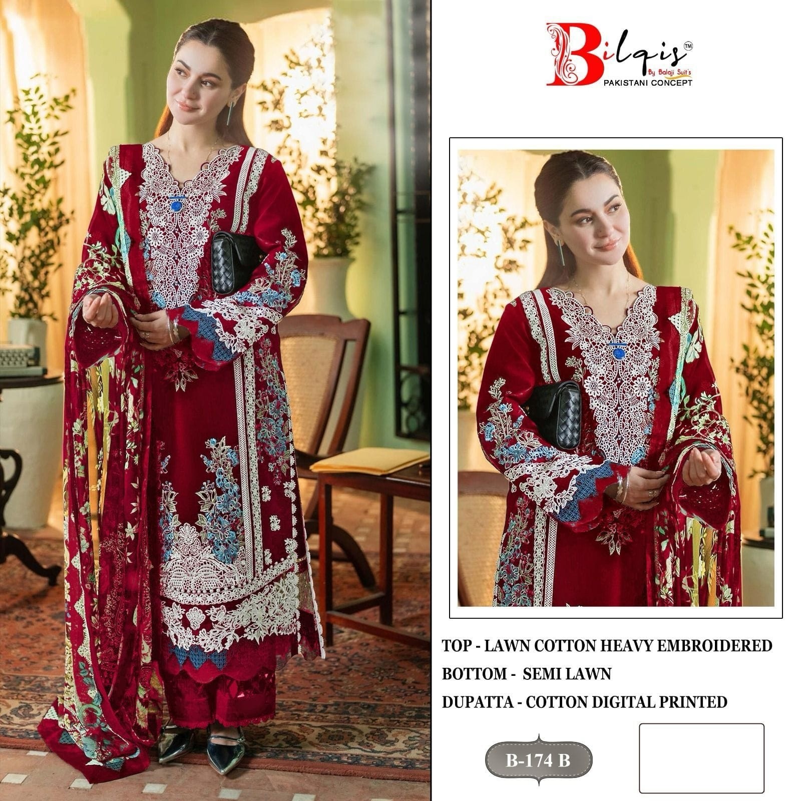  BILQIS 174A TO D PAKISTANI LAWN COTTON HEAVY EMBROIDERED SEMI STICHAD SALWAR SUIT