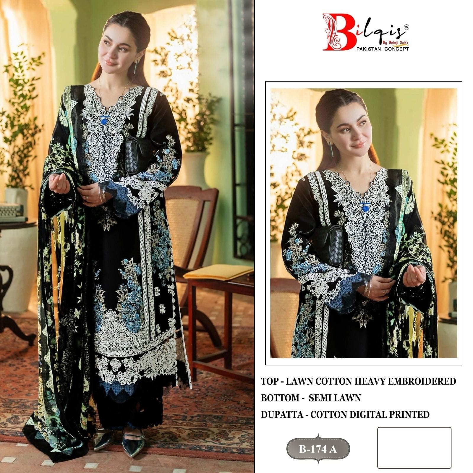  BILQIS 174A TO D PAKISTANI LAWN COTTON HEAVY EMBROIDERED SEMI STICHAD SALWAR SUIT