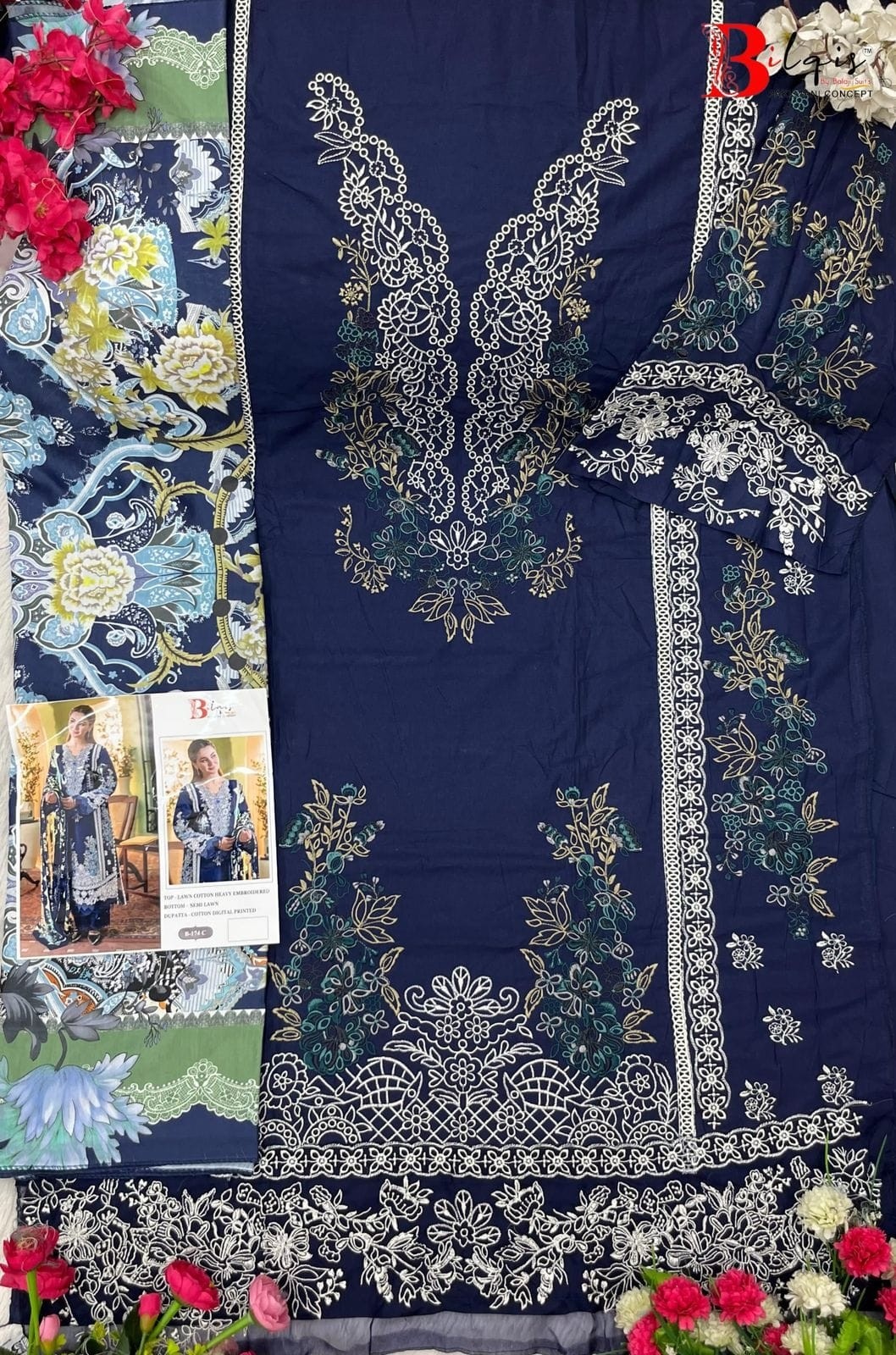  BILQIS 174A TO D PAKISTANI LAWN COTTON HEAVY EMBROIDERED SEMI STICHAD SALWAR SUIT