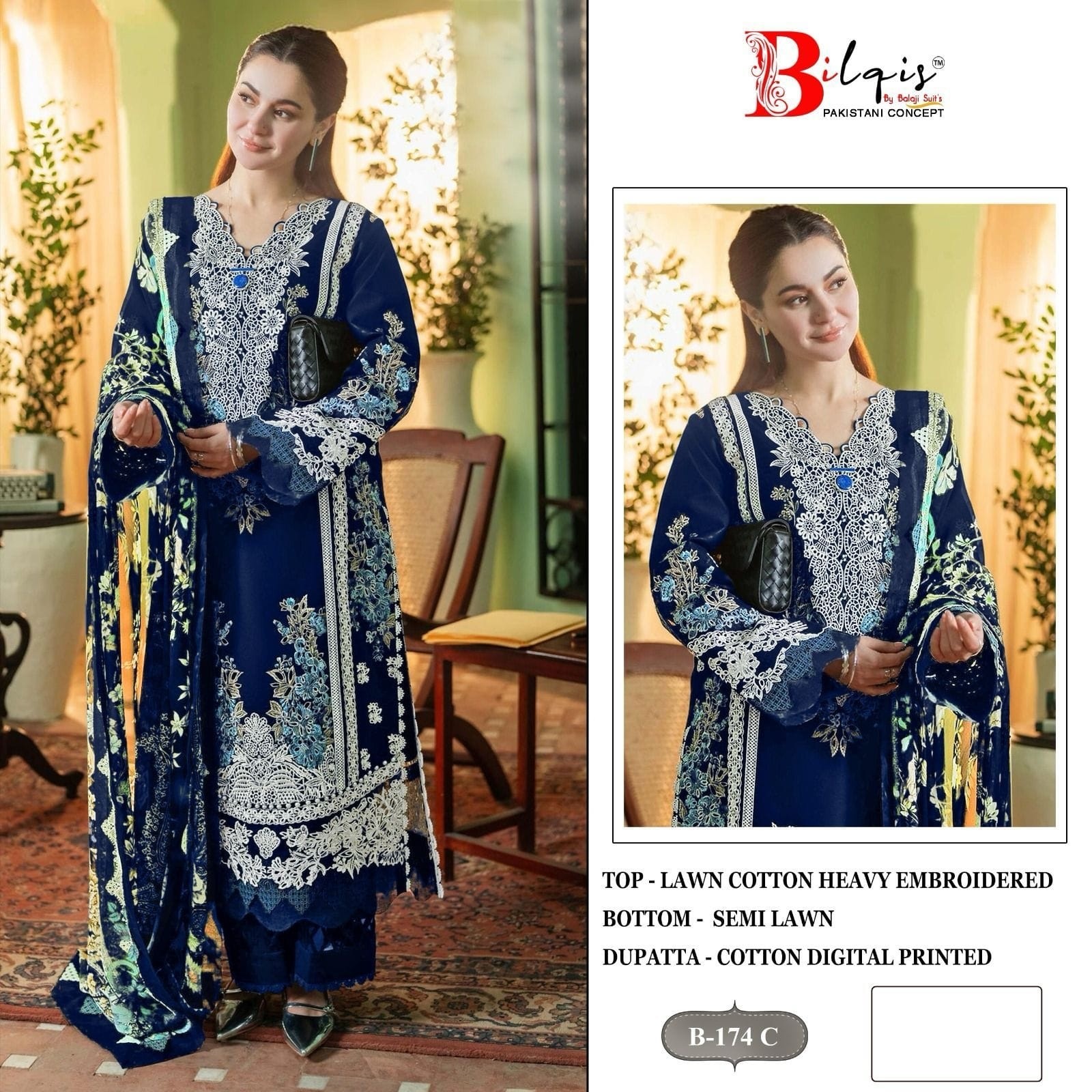  BILQIS 174A TO D PAKISTANI LAWN COTTON HEAVY EMBROIDERED SEMI STICHAD SALWAR SUIT