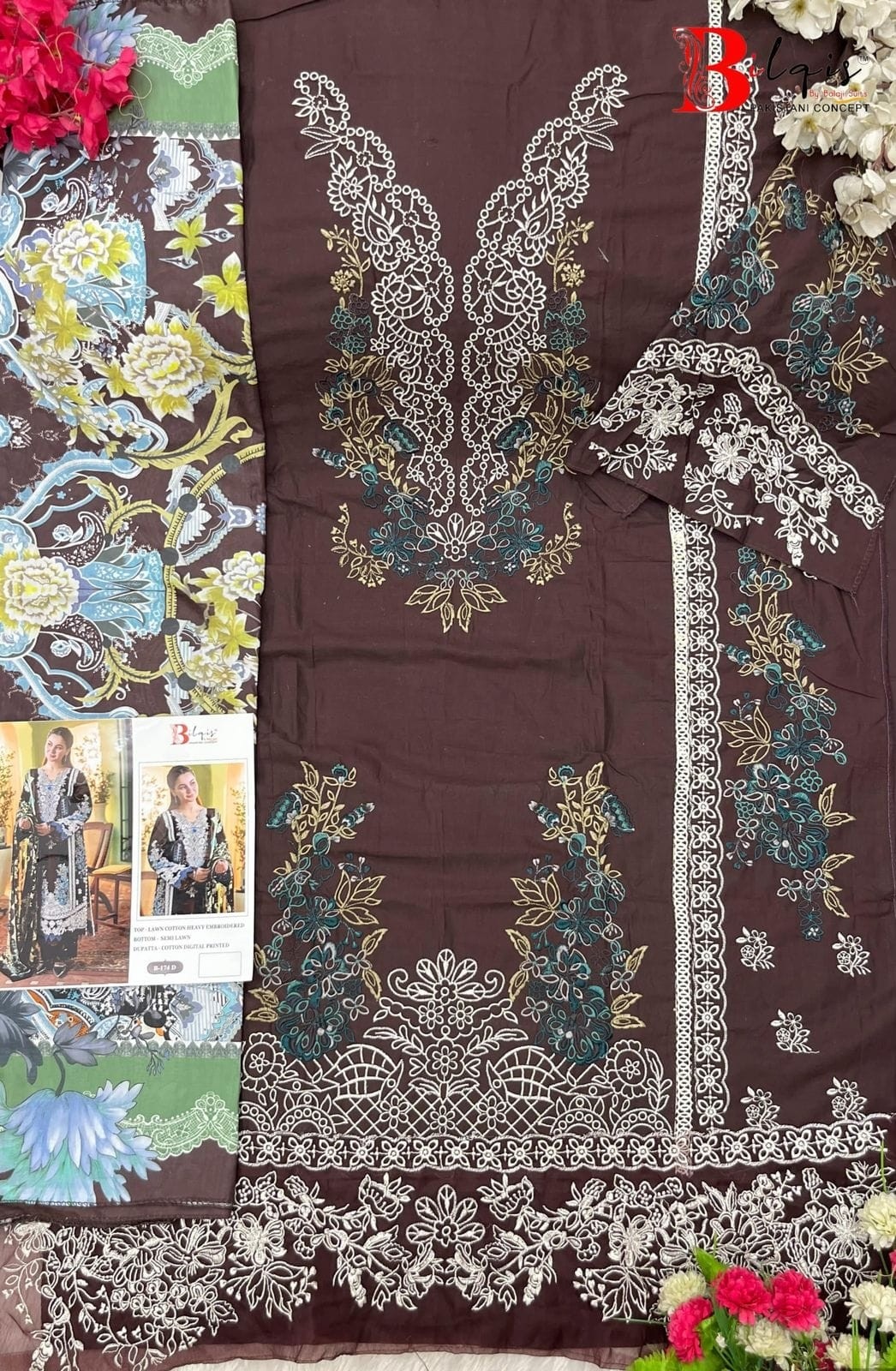  BILQIS 174A TO D PAKISTANI LAWN COTTON HEAVY EMBROIDERED SEMI STICHAD SALWAR SUIT