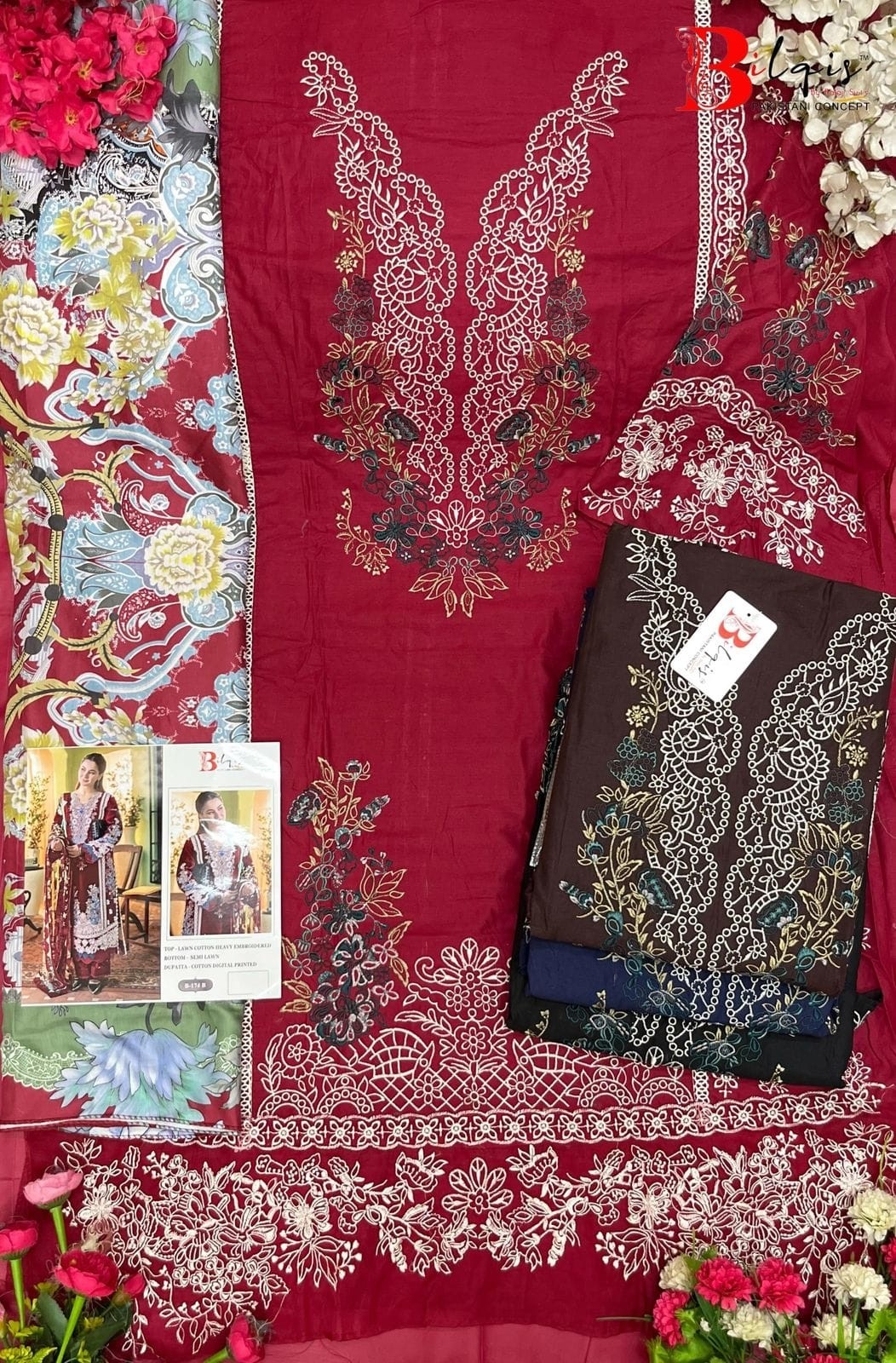  BILQIS 174A TO D PAKISTANI LAWN COTTON HEAVY EMBROIDERED SEMI STICHAD SALWAR SUIT