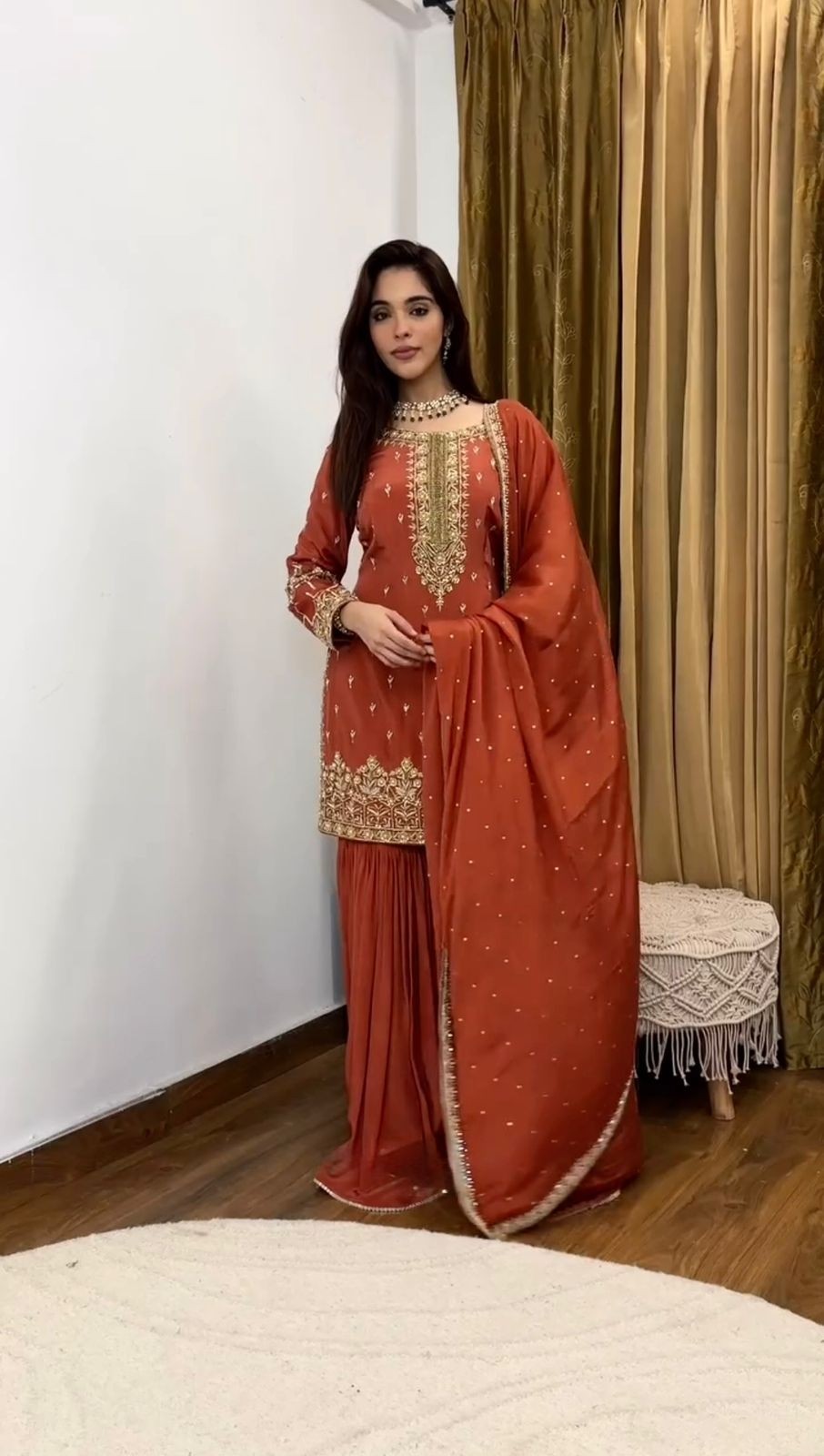 DESIGNER ORANGE COLOUR TOP PALAZZO SALWAR SUIT WITH HEAVY EMBROIDERY WORK