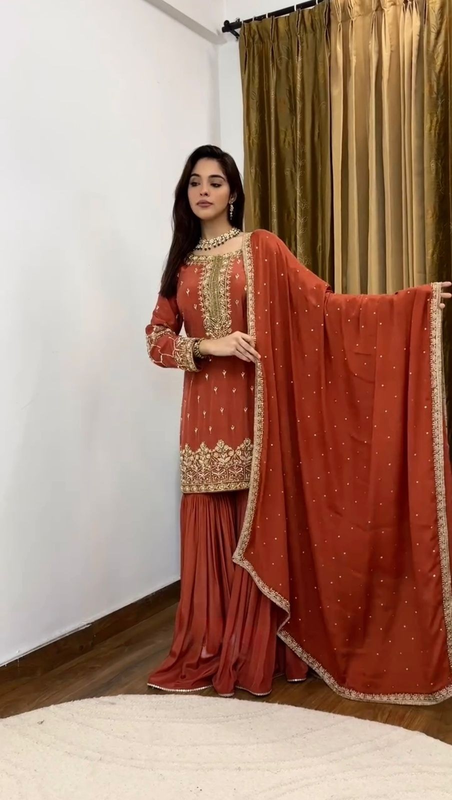 DESIGNER ORANGE COLOUR TOP PALAZZO SALWAR SUIT WITH HEAVY EMBROIDERY WORK