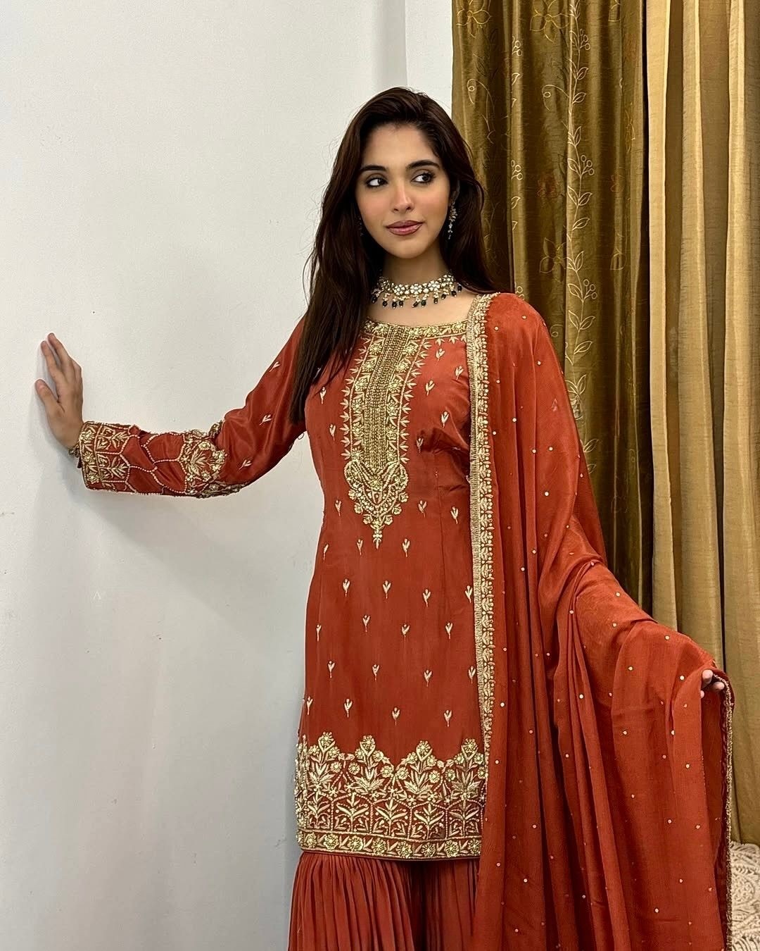 DESIGNER ORANGE COLOUR TOP PALAZZO SALWAR SUIT WITH HEAVY EMBROIDERY WORK