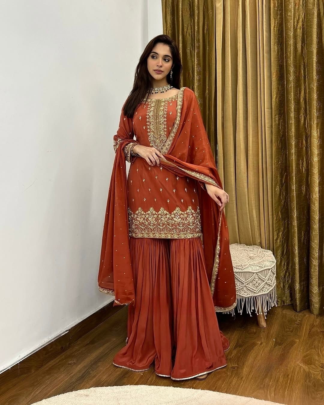DESIGNER ORANGE COLOUR TOP PALAZZO SALWAR SUIT WITH HEAVY EMBROIDERY WORK