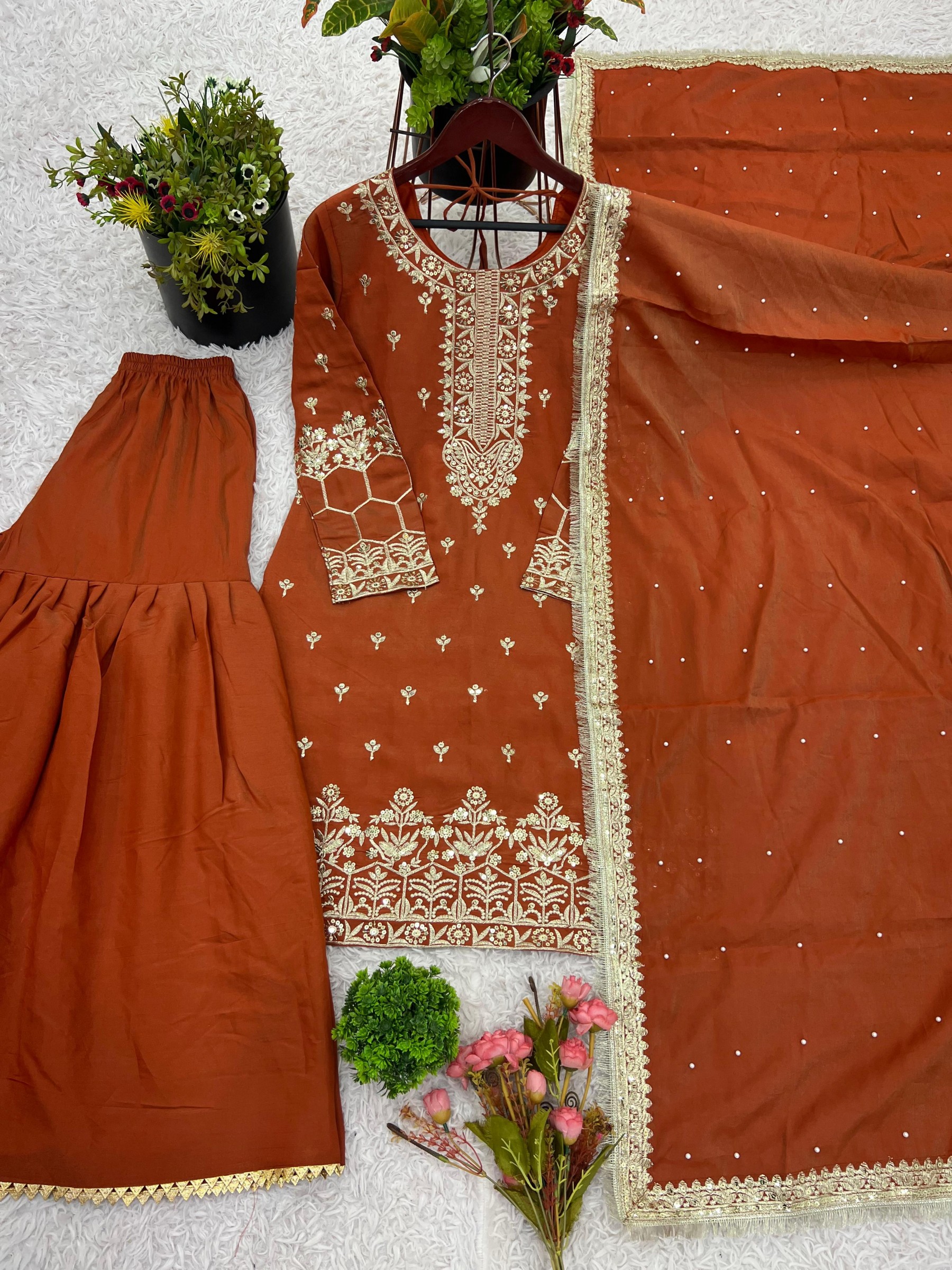 DESIGNER ORANGE COLOUR TOP PALAZZO SALWAR SUIT WITH HEAVY EMBROIDERY WORK