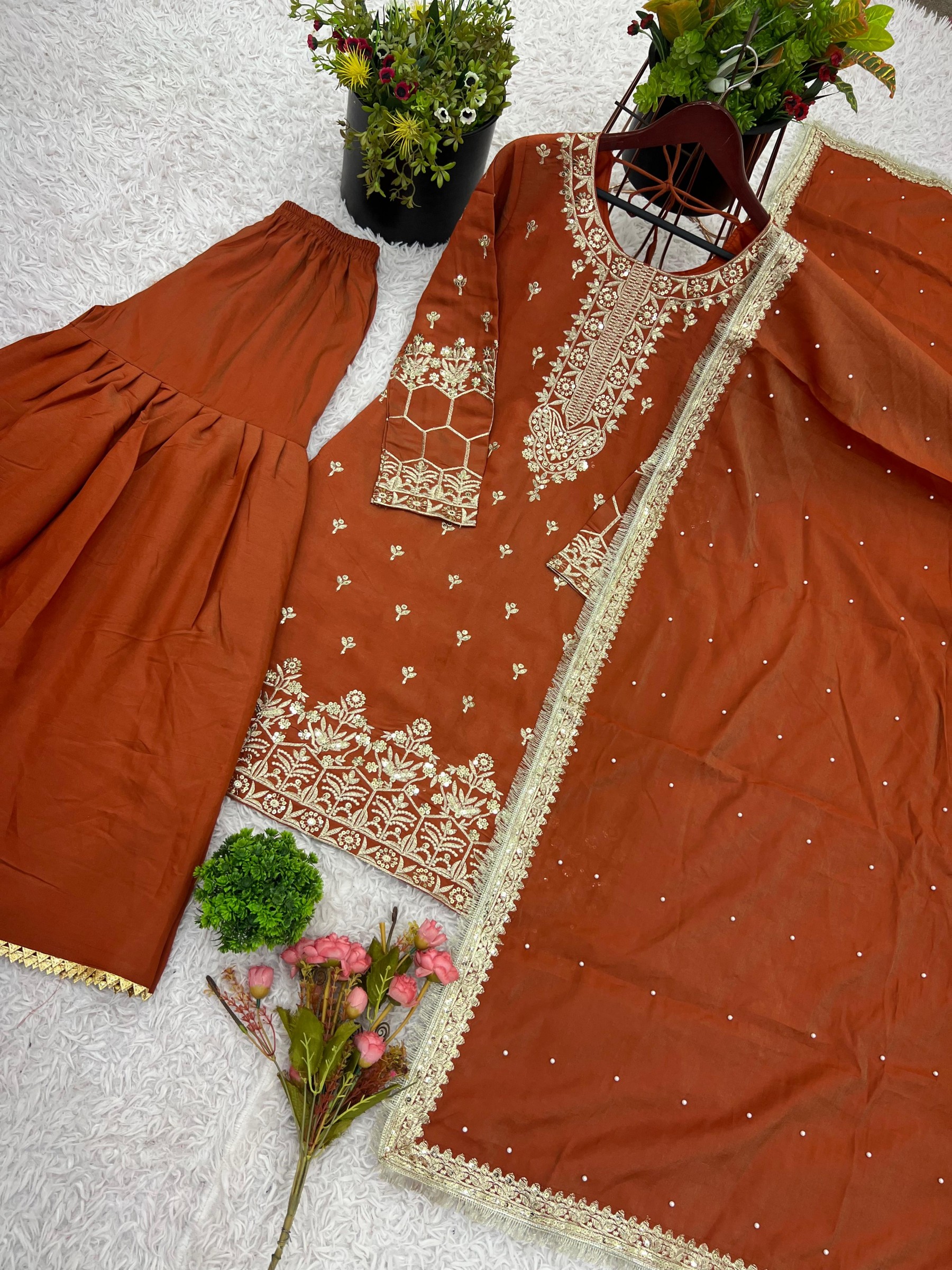 DESIGNER ORANGE COLOUR TOP PALAZZO SALWAR SUIT WITH HEAVY EMBROIDERY WORK