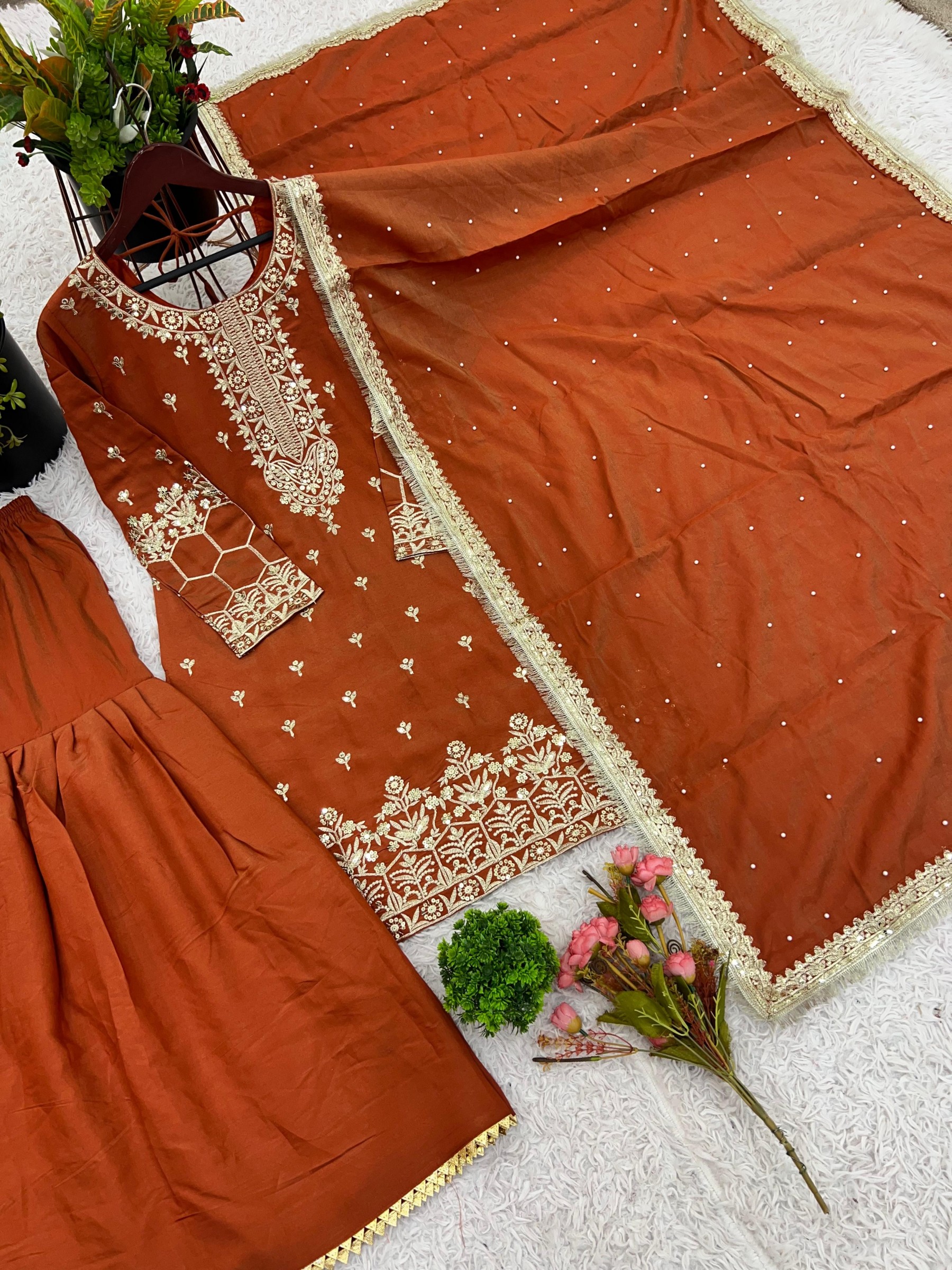 DESIGNER ORANGE COLOUR TOP PALAZZO SALWAR SUIT WITH HEAVY EMBROIDERY WORK