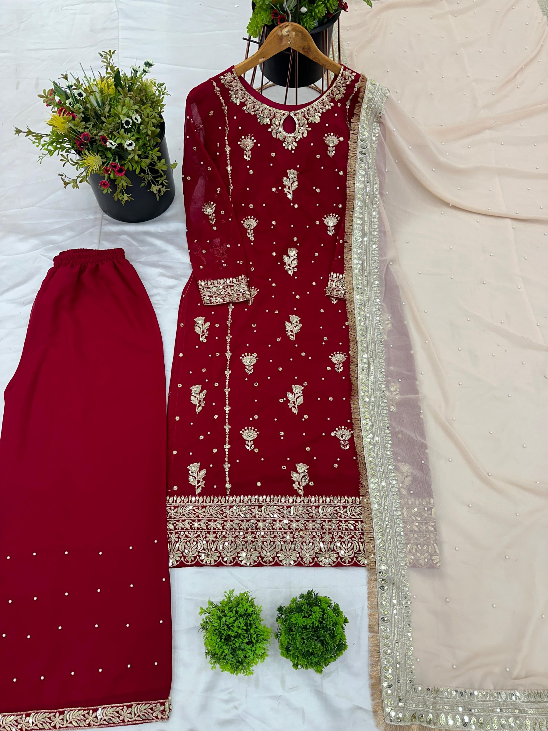 PARTY WEAR MAROON COLOUR TOP WITH SHARARA SUIT WITH HEAVY EMBROIDERY WORK